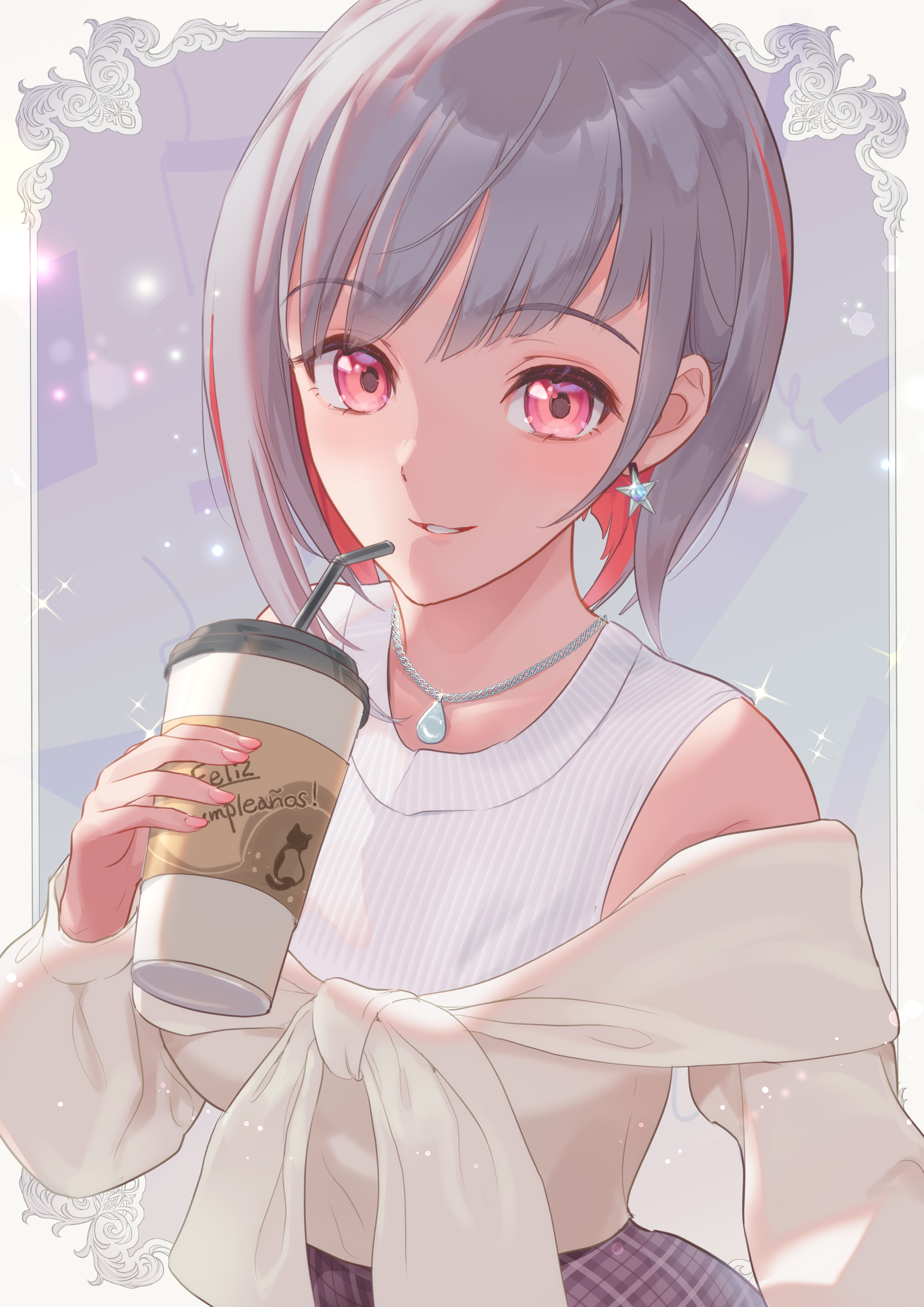 kobassy, yugiri tsuzuri, yugiri tsuzuri (post-graduation), link! like! love live!, love live!, absurdres, commentary, english commentary, highres, mixed-language commentary, 1girl, alternate costume, bare shoulders, colored inner hair, cup, disposable coffee cup, disposable cup, drinking straw, earrings, grey hair, grin, holding, holding cup, jewelry, looking at viewer, multicolored hair, off shoulder, pink eyes, plaid clothes, plaid skirt, red hair, red streaks, skirt, sleeveless, sleeveless sweater, smile, solo, star (symbol), star earrings, streaked hair, sweater, virtual youtuber