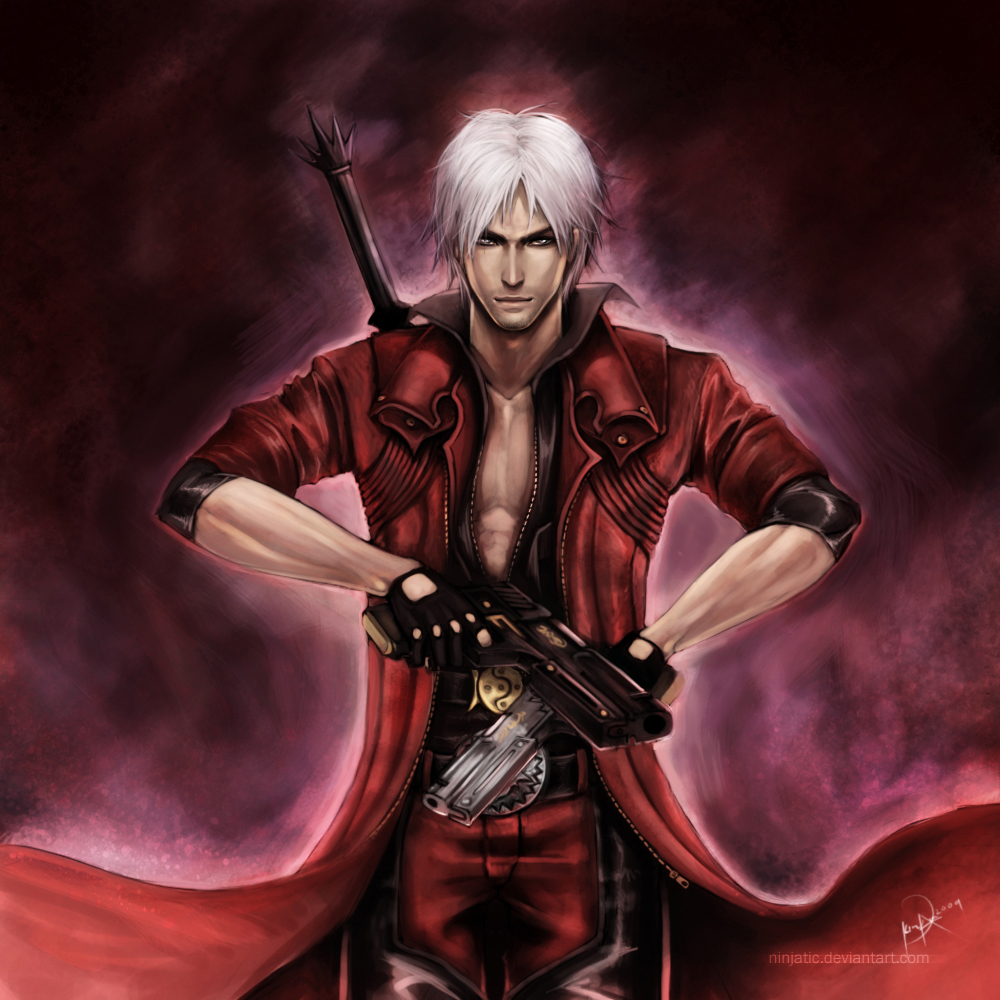 ninjatic, dante (devil may cry), rebellion (sword), capcom, devil may cry (series), devil may cry 4, 00s, 1boy, aura, dual wielding, gangsta hold, gun, handgun, holding, male focus, solo, sword, weapon