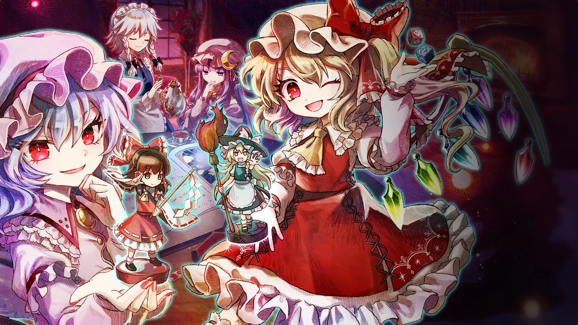 socha, flandre scarlet, hakurei reimu, izayoi sakuya, kirisame marisa, patchouli knowledge, remilia scarlet, touhou, game cg, highres, non-web source, official art, second-party source, 4girls, apron, ascot, blonde hair, bow, braid, broom, brown eyes, brown hair, character doll, closed eyes, closed mouth, collared shirt, crescent, crescent hat ornament, cross-laced clothes, cross-laced skirt, cross-laced vest, crystal, crystal wings, cup, detached sleeves, dice, doll, embellished costume, frilled bow, frilled hair tubes, frilled shirt collar, frilled skirt, frills, gohei, grey hair, hair bow, hair tubes, hat, hat bow, hat ornament, holding, holding broom, holding gohei, holding teapot, long hair, looking at viewer, maid, maid headdress, marisa of liartop mountain, mob cap, multicolored wings, multiple girls, one eye closed, one side up, open mouth, pink hat, pink shirt, plate, purple bow, purple eyes, purple hair, red bow, red eyes, red nails, red skirt, red vest, ribbon-trimmed sleeves, ribbon trim, shirt, siblings, side braid, single braid, sisters, skirt, skirt set, smile, tea, teacup, teapot, twin braids, vest, waist apron, white bow, white hat, white shirt, wings, witch hat, yellow ascot