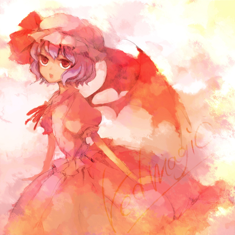 rinka, remilia scarlet, touhou, 1girl, bat wings, female focus, hat, purple hair, solo, wings