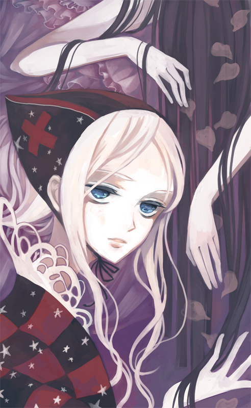 rinka, houraisan kaguya, yagokoro eirin, touhou, 2girls, blue eyes, colored eyelashes, cross, cross print, expressionless, female focus, frills, hair over face, hat, long hair, looking at viewer, multiple girls, parted bangs, petals, purple hair, sidelocks, solo focus, star (symbol), star print, upper body, white hair