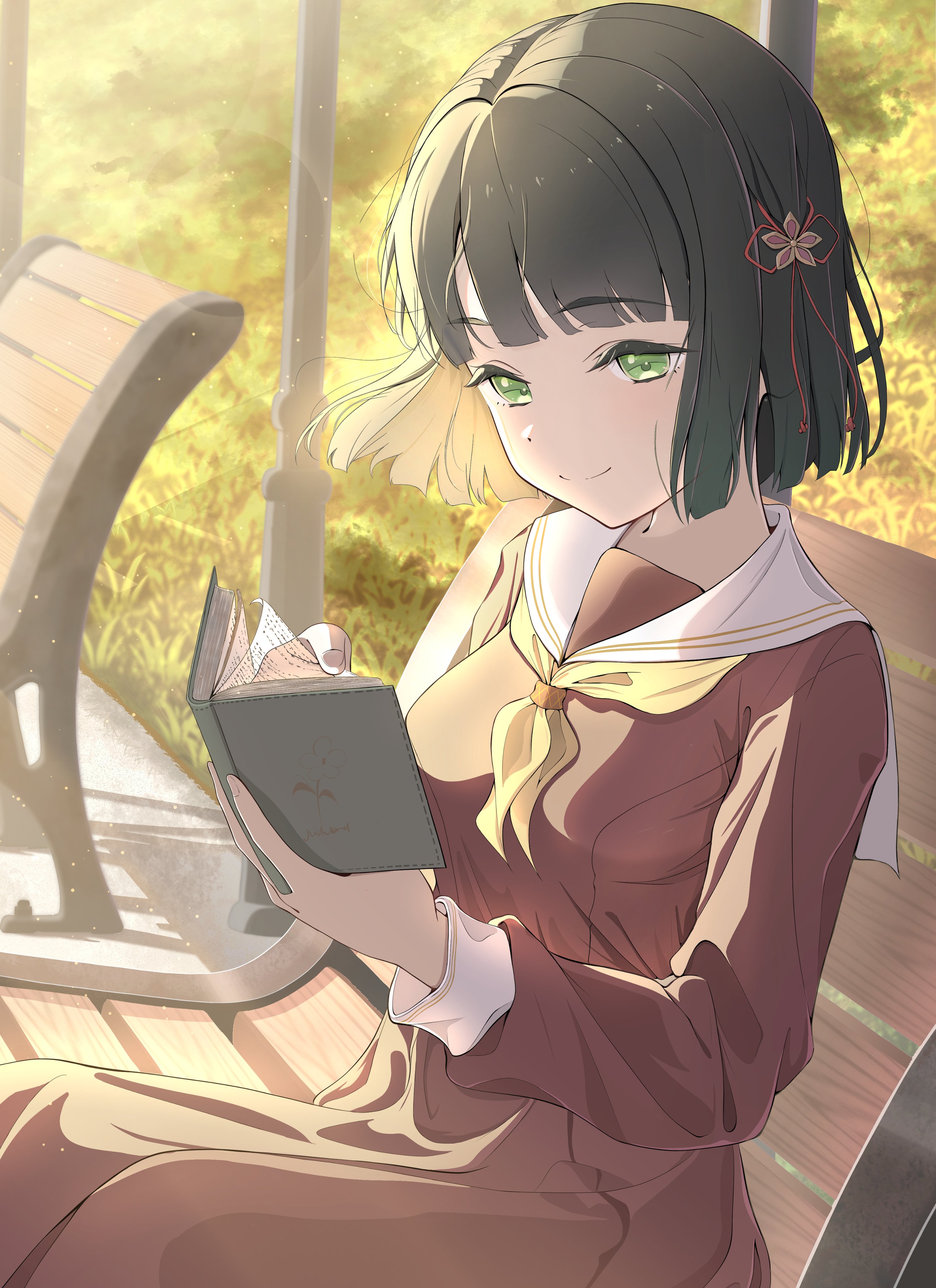 morio (mmorio mu), momose ginko, link! like! love live!, love live!, absurdres, commentary request, highres, 1girl, bench, black hair, blunt bangs, blunt ends, bob cut, book, breasts, brown dress, closed mouth, dress, feet out of frame, flower, flower knot, green eyes, hair flower, hair ornament, hasu no sora school uniform, holding, holding book, light particles, long sleeves, medium breasts, medium dress, neckerchief, on bench, outdoors, pink flower, pleated dress, reading, sailor collar, sailor dress, school uniform, short hair, sitting, smile, solo, split mouth, virtual youtuber, white sailor collar, winter uniform, wooden bench, yellow neckerchief