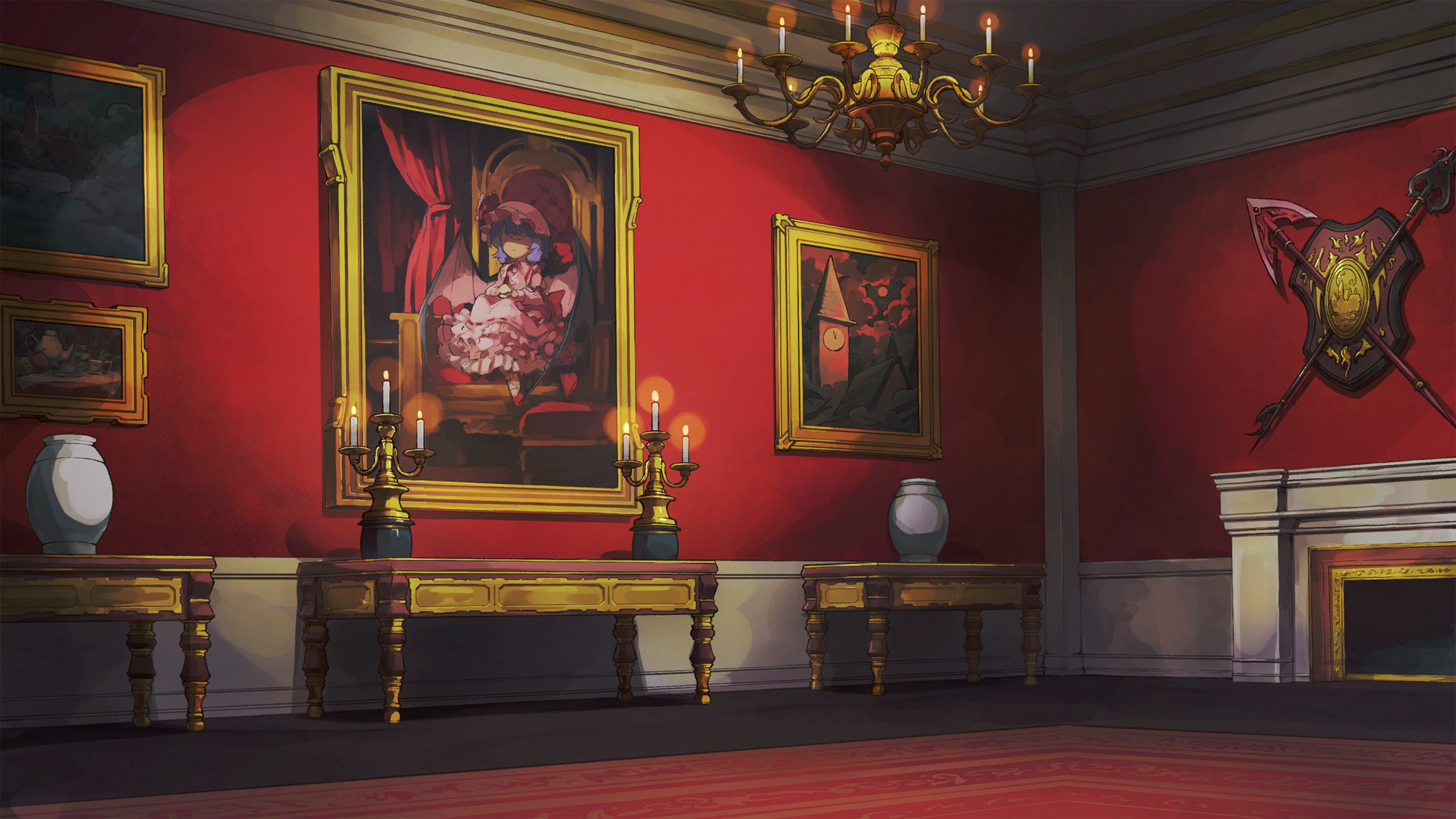 remilia scarlet, touhou, artist request, game cg, highres, non-web source, official art, second-party source, 1girl, ascot, bat wings, candle, candlestand, chandelier, hat, hat ribbon, indoors, marisa of liartop mountain, mob cap, painting (object), picture frame, pink hat, pink shirt, pink skirt, polearm, purple hair, red carpet, red eyes, ribbon, shadow, shirt, sitting, skirt, skirt set, solo, spear, table, vase, weapon, wings