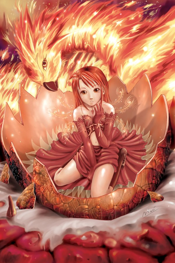 garun, garun wattanawessako, original, jpeg artifacts, 1girl, bird, dress, egg, eggshell, elbow gloves, fantasy, female focus, gloves, jewelry, kneeling, long hair, navel, necklace, phoenix, red hair, red theme, signature, solo, thighhighs