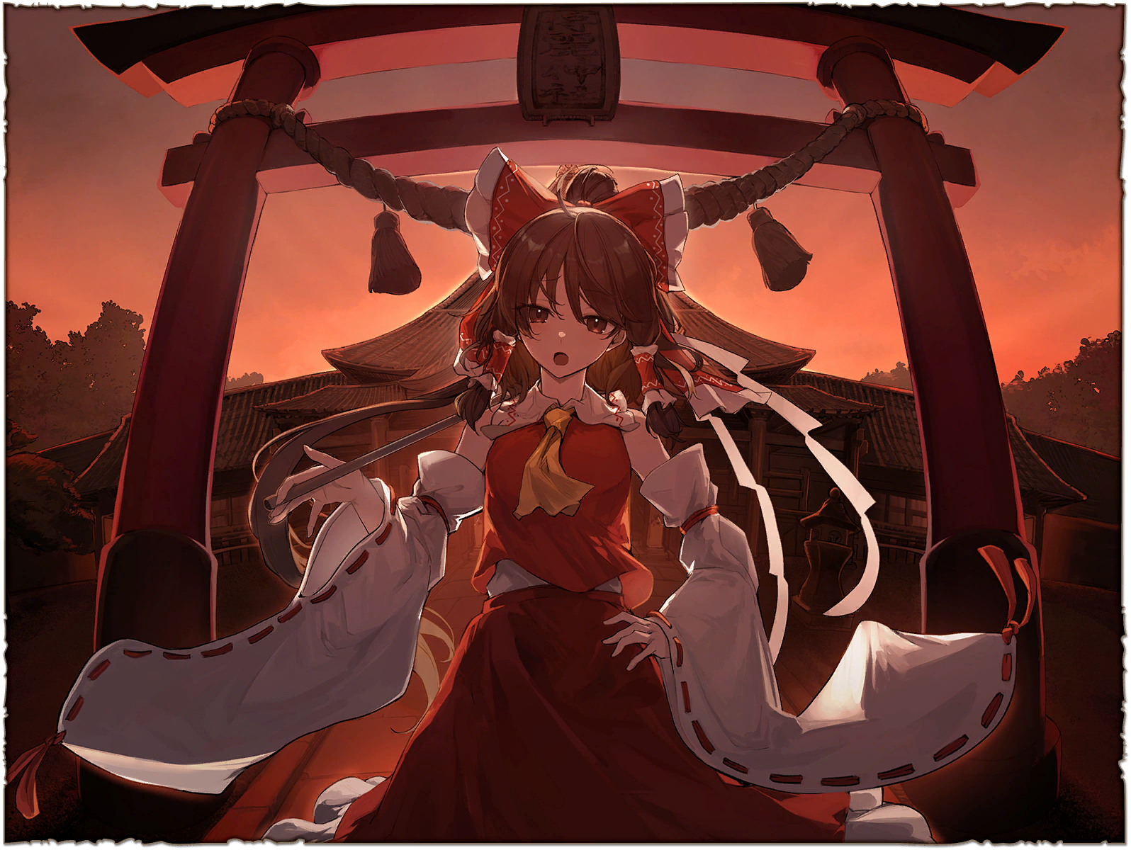 tsumeki, hakurei reimu, touhou, game cg, highres, non-web source, official art, second-party source, 1girl, ascot, bow, brown eyes, brown hair, detached sleeves, frilled bow, frilled hair tubes, frilled skirt, frills, gohei, hair bow, hair tubes, hand on own hip, holding, holding gohei, long hair, looking at viewer, marisa of liartop mountain, open mouth, red bow, red skirt, ribbon-trimmed sleeves, ribbon trim, skirt, skirt set, solo, torii, yellow ascot
