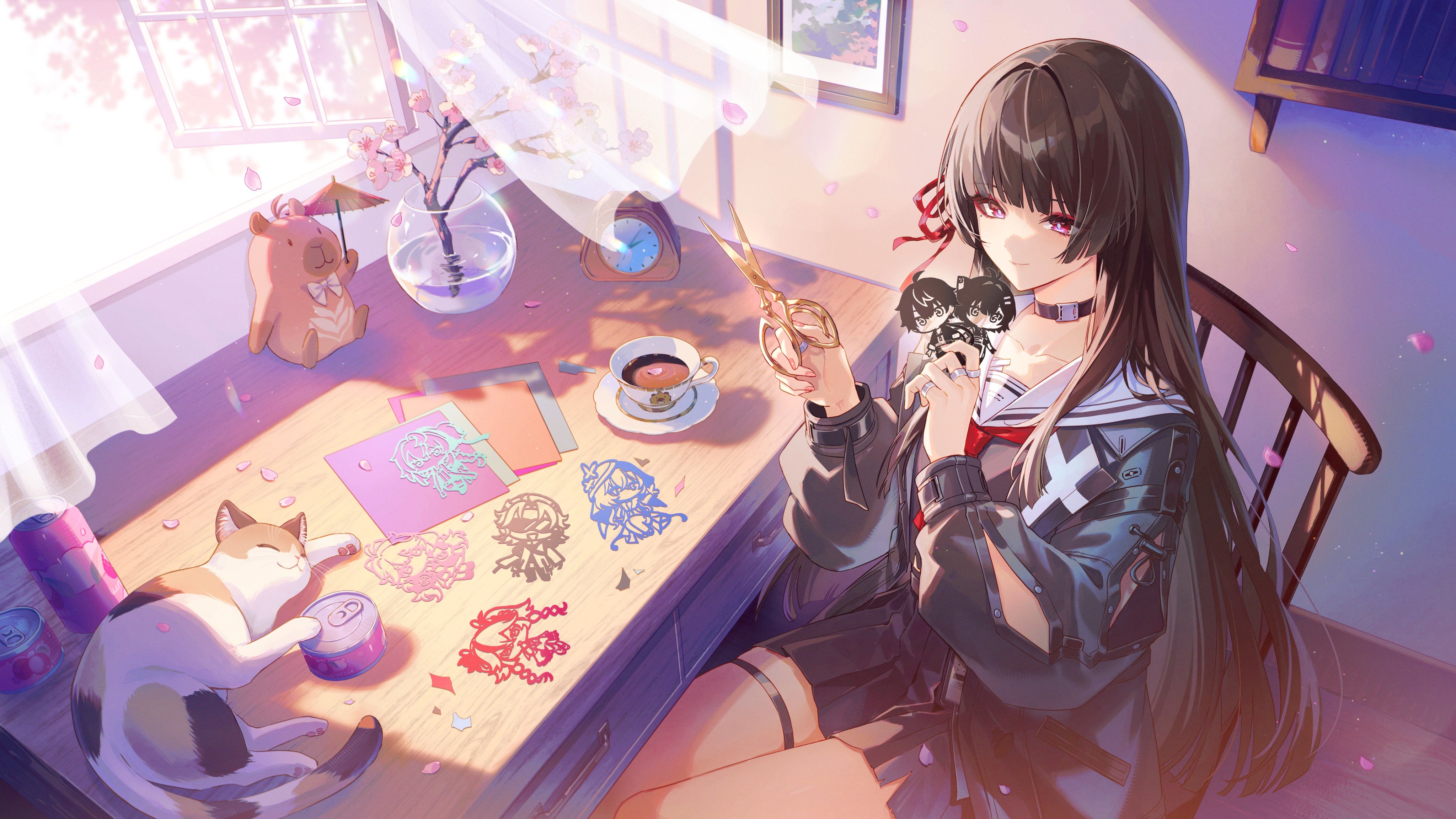 amaichi esora, aalto (wuthering waves), camellya (wuthering waves), chisa (wuthering waves), encore (wuthering waves), female rover (wuthering waves), male rover (wuthering waves), rover (wuthering waves), shorekeeper (wuthering waves), wuthering waves, absurdres, commentary request, highres, 1girl, arm cutout, black choker, black hair, black jacket, black serafuku, black shirt, black skirt, can, choker, closed mouth, clothing cutout, collarbone, cup, curtains, drink can, from above, hair rollers, holding, holding cup, indoors, jacket, long hair, long sleeves, namipon (wuthering waves), neckerchief, open window, pink petals, red eyes, red neckerchief, red ribbon, ribbon, sailor collar, school uniform, serafuku, shirt, sitting, skirt, smile, solo, thigh strap, white sailor collar, window