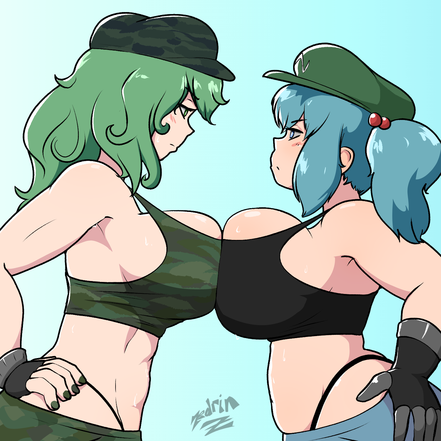 zedrin, kawashiro nitori, yamashiro takane, touhou, commentary, english commentary, highres, 2girls, abs, alternate costume, black gloves, black nails, black panties, black sports bra, blue background, blue eyes, blue hair, blue skirt, breast press, breasts, camouflage, camouflage hat, camouflage skirt, camouflage sports bra, closed mouth, facing another, fingerless gloves, from side, frown, gloves, green eyes, green hair, green hat, green skirt, green sports bra, hair bobbles, hair ornament, hand on own thigh, hat, large breasts, light blush, medium breasts, multiple girls, muscular, muscular female, panties, rivalry, short hair, signature, simple background, skirt, split mouth, sports bra, staring, symmetrical docking, two side up, underwear, upper body
