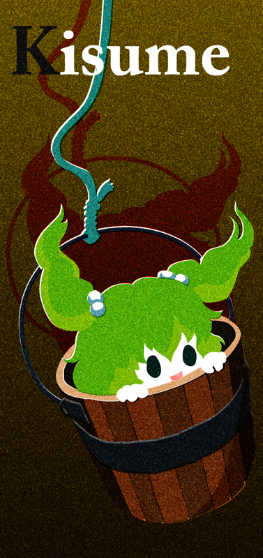 karaagetarou, kisume, touhou, 1girl, bucket, character name, female focus, green hair, hair bobbles, hair ornament, in bucket, in container, open mouth, solo, twintails