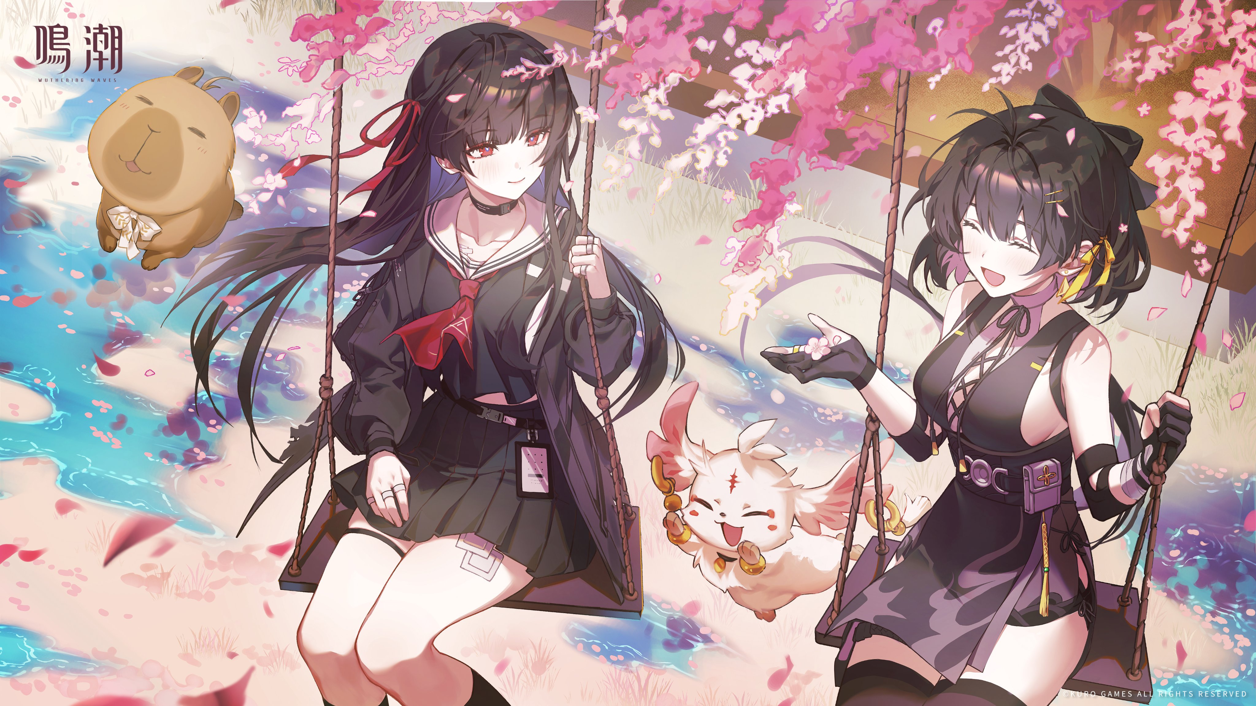 abby (wuthering waves), chisa (wuthering waves), female rover (wuthering waves), rover (wuthering waves), wuthering waves, absurdres, commentary, english commentary, highres, official art, 2girls, bare shoulders, black choker, black dress, black hair, black jacket, black serafuku, black shirt, black skirt, choker, closed eyes, closed mouth, collarbone, cross-laced clothes, cross-laced dress, dress, elbow pads, hair ribbon, jacket, logo, long hair, long sleeves, looking at another, mole, mole under eye, multiple girls, namipon (wuthering waves), neckerchief, on swing, open mouth, outdoors, red eyes, red neckerchief, red ribbon, ribbon, sailor collar, school uniform, serafuku, shirt, skirt, sleeveless, sleeveless dress, smile, swing, thigh strap, white sailor collar, wind, yellow ribbon