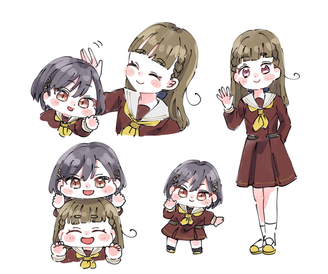 moso (expect66), kachimachi kosuzu, katsuragi izumi, link! like! love live!, love live!, commentary, 2girls, :d, ^ ^, black hair, blush stickers, braid, brown dress, brown hair, center-flap bangs, chibi, closed eyes, closed mouth, dress, hair ornament, hasu no sora school uniform, long sleeves, looking at viewer, medium dress, multiple girls, multiple views, neckerchief, open mouth, orange eyes, pink eyes, pleated dress, sailor collar, sailor dress, school uniform, shoes, side ahoge, side braids, simple background, slit pupils, smile, standing, triangle hair ornament, uwabaki, virtual youtuber, white background, white sailor collar, winter uniform, yellow neckerchief, yellow shoes