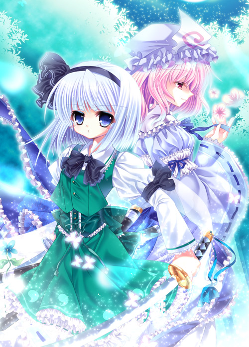 capura lin, konpaku youmu, saigyouji yuyuko, touhou, silver hair, 2girls, blue eyes, dual wielding, female focus, flower, hairband, hat, holding, katana, multiple girls, pink eyes, pink hair, short hair, sword, weapon