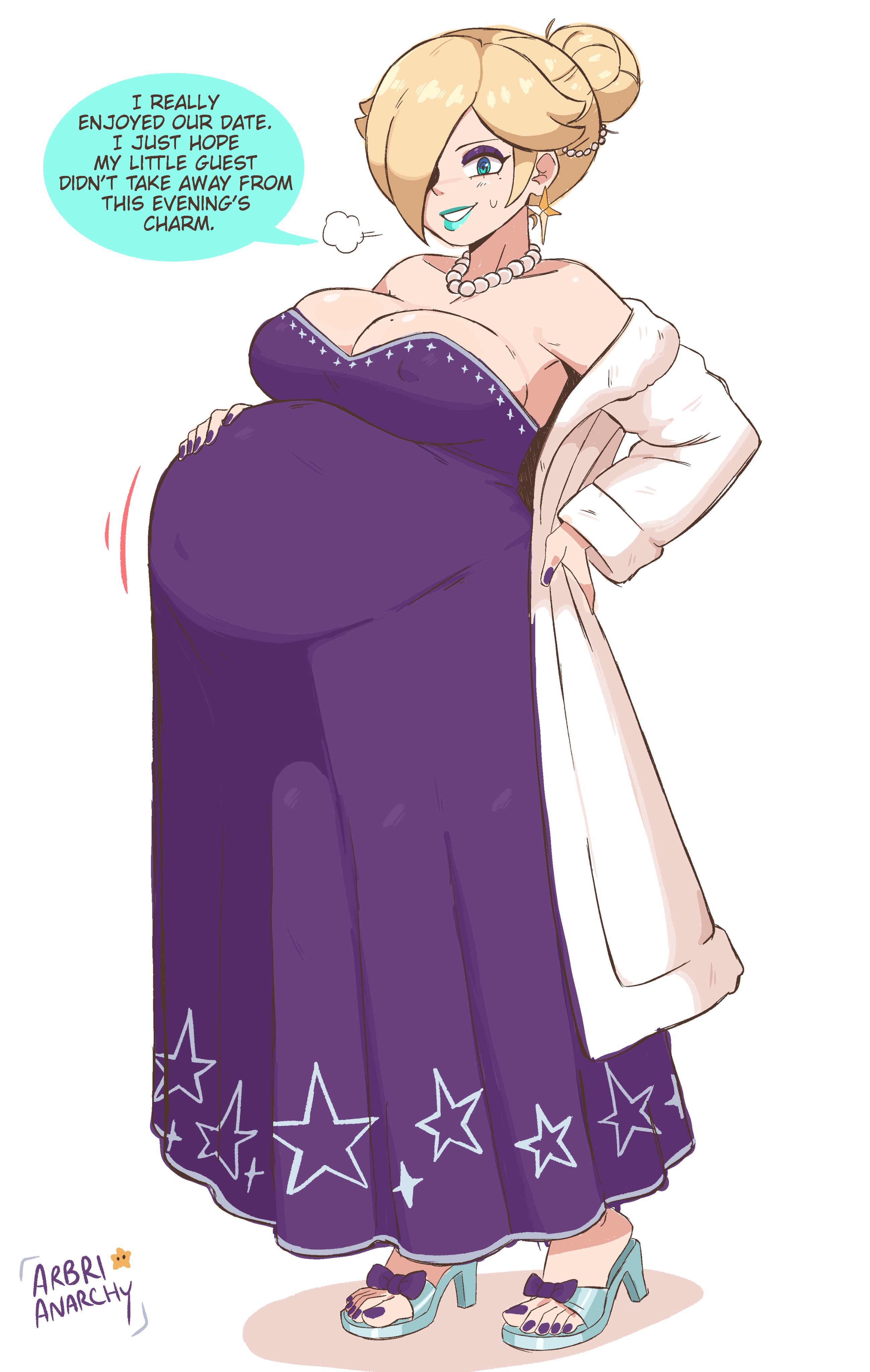 arbrianarchy, rosalina, mario (series), nintendo, absurdres, commentary, english commentary, highres, 1girl, artist name, belly, big belly, breasts, covered erect nipples, dress, english text, eyeshadow, full body, hair over one eye, hand on own hip, hand on own stomach, makeup, navel, open mouth, outie navel, pregnant, purple eyeshadow, shadow, solo, teeth