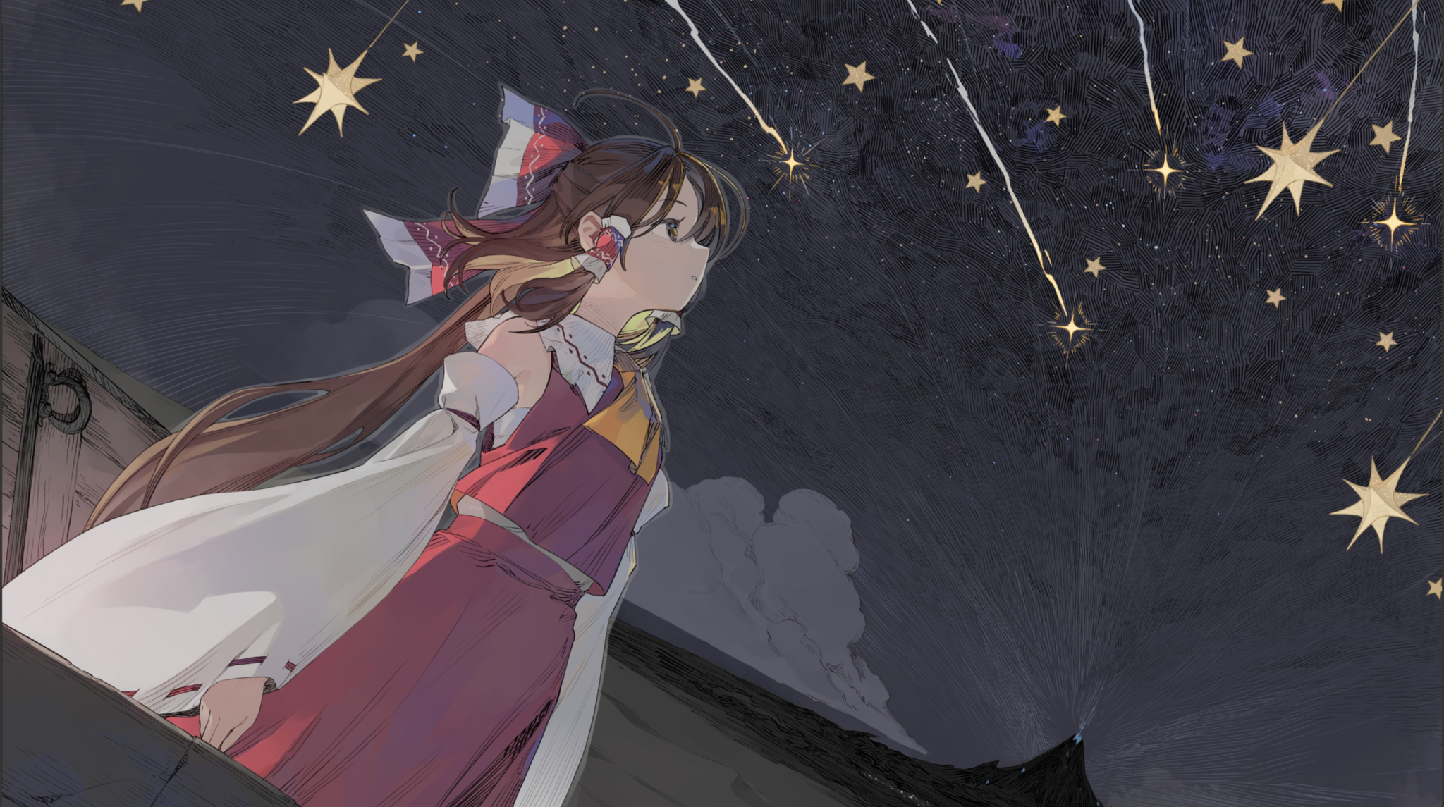 shihou (g-o-s), hakurei reimu, touhou, game cg, highres, non-web source, official art, second-party source, 1girl, ascot, bow, brown eyes, brown hair, cloud, desert, detached sleeves, frilled bow, frilled hair tubes, frills, hair bow, hair tubes, long hair, looking up, marisa of liartop mountain, mountain, outdoors, red bow, red skirt, ribbon-trimmed sleeves, ribbon trim, skirt, skirt set, solo, star (sky), yellow ascot