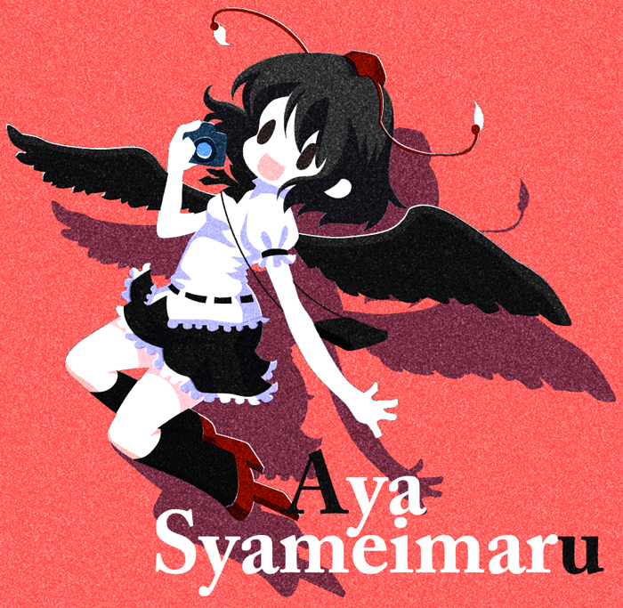 karaagetarou, shameimaru aya, touhou, 1girl, black hair, black wings, bow, camera, character name, female focus, geta, hat, kunreishiki, looking at viewer, open mouth, ribbon, romaji text, short hair, smile, solo, tengu-geta, tokin hat, wings