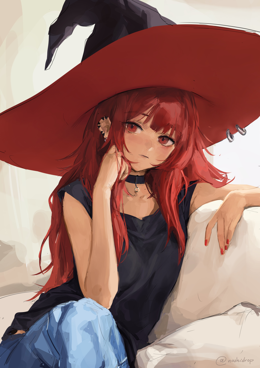 nashidrop, val (yan kodiac), original, highres, 1girl, black shirt, blue pants, borrowed character, closed mouth, cowboy shot, earrings, expressionless, hand on own cheek, hand on own face, hat, jewelry, long hair, looking to the side, pants, red eyes, red hair, red nails, shirt, sitting, solo, witch hat