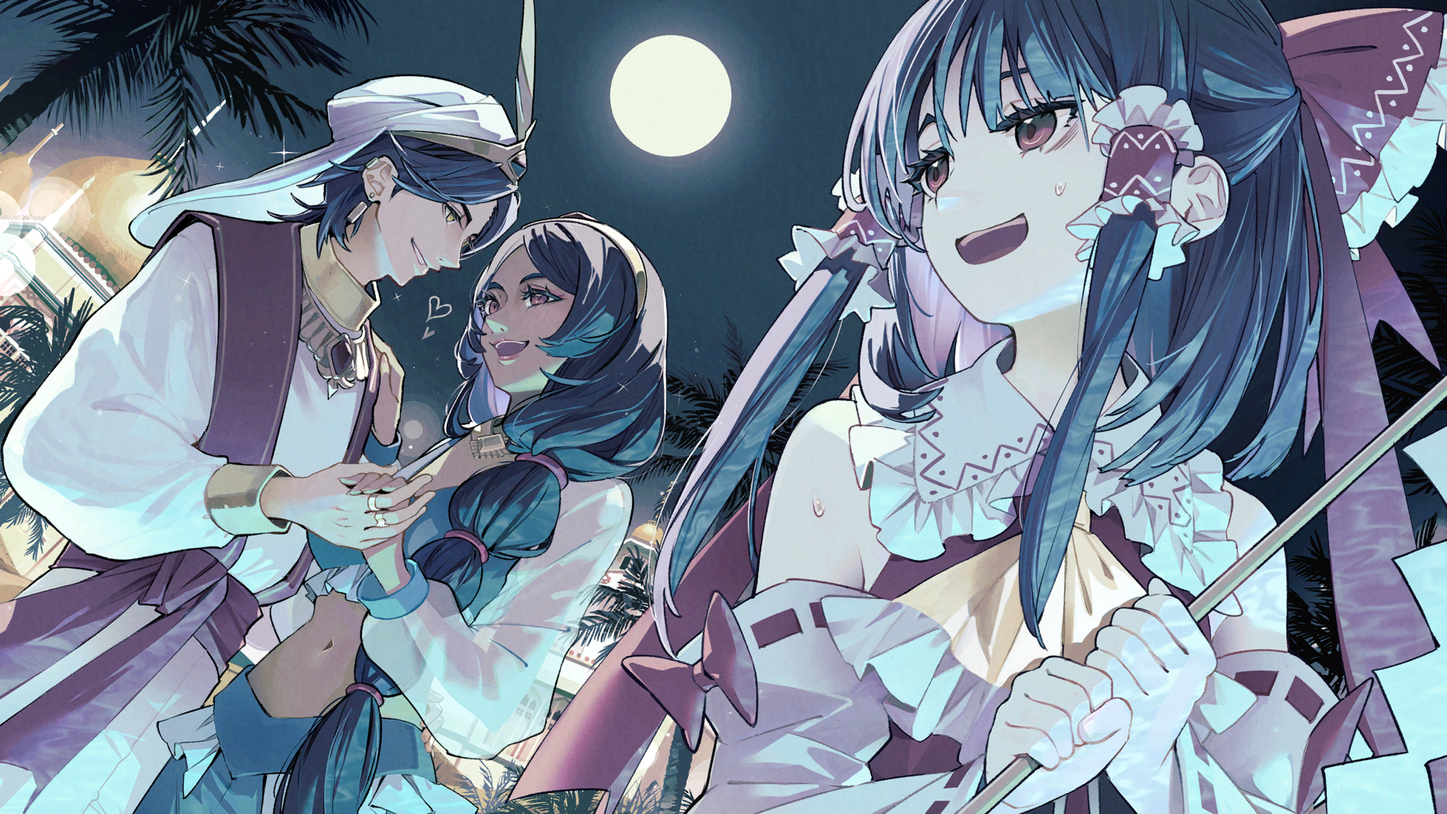 syuri22, hakurei reimu, touhou, clothing request, game cg, highres, non-web source, official art, second-party source, 1boy, 2girls, ascot, black hair, bow, brown eyes, building, detached sleeves, frilled bow, frilled hair tubes, frills, full moon, gohei, hair bow, hair tubes, hat, heart, hetero, holding, holding gohei, holding hands, jewelry, long hair, long sleeves, marisa of liartop mountain, midriff, moon, multiple girls, navel, night, night sky, open mouth, outdoors, red bow, ribbon-trimmed sleeves, ribbon trim, ring, see-through clothes, see-through sleeves, sky, smile, sweat, tan, tree, white hat, yellow ascot, yellow eyes