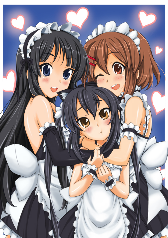 donguri, kanda (squall-rinoa), akiyama mio, hirasawa yui, nakano azusa, k-on!, 00s, 3girls, :t, age difference, alternate costume, black eyes, black hair, brown eyes, brown hair, elbow gloves, enmaided, girl sandwich, gloves, heart, hug, long hair, maid, multiple girls, onee-loli, sandwiched, short hair, twintails, yuri