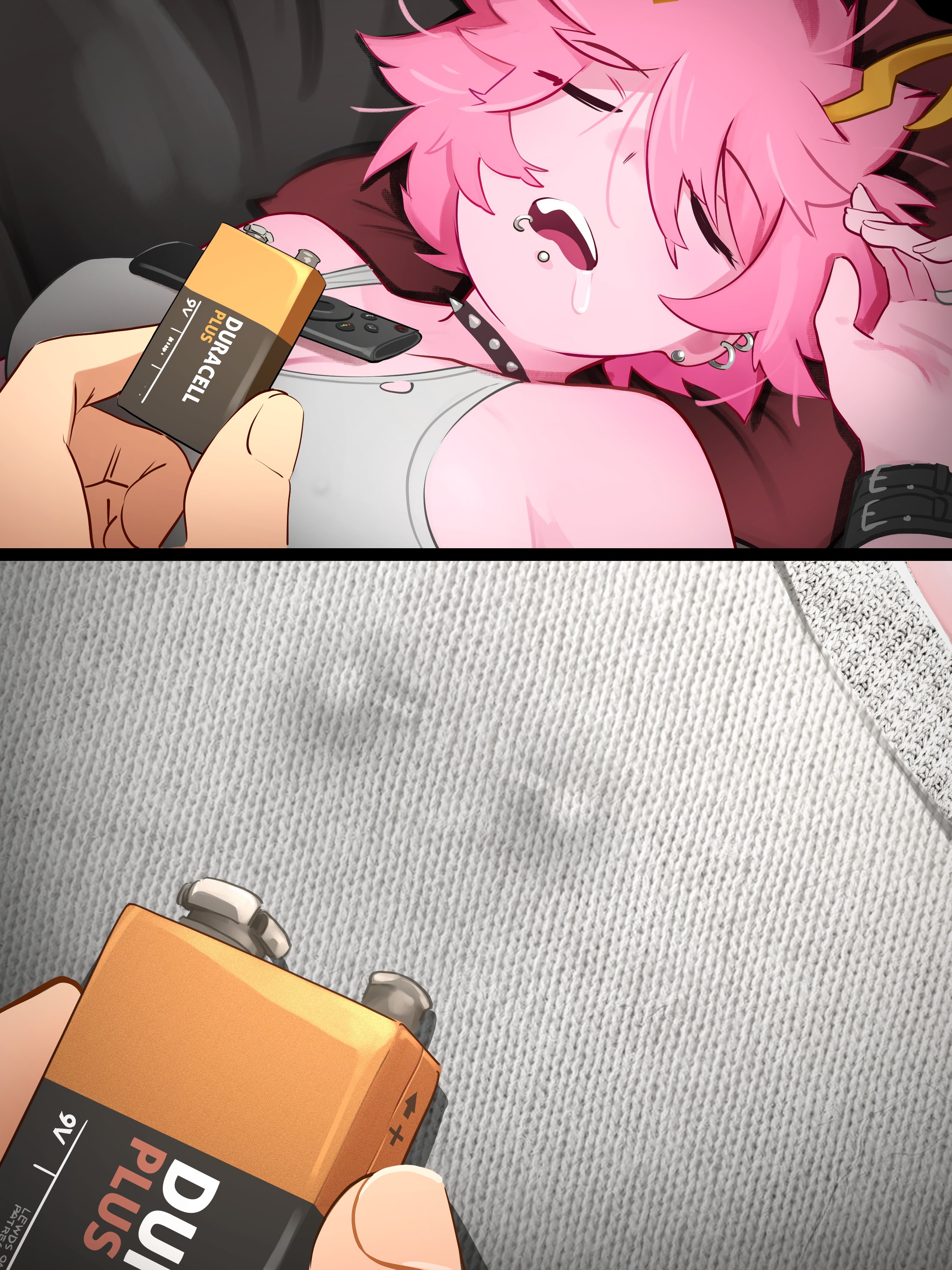 khyle., ashido mina, boku no hero academia, absurdres, commentary, english commentary, highres, 1girl, 1other, 2koma, battery, black choker, breasts, choker, closed eyes, colored skin, comic, controller, covered erect nipples, covered piercing, drooling, duracell, ear piercing, face piercing, hair between eyes, hair over one eye, hand up, horns, jewelry, large breasts, lip piercing, messy hair, nipple piercing, open mouth, piercing, pink hair, pink skin, pov, prank, remote control, ring, saliva, short hair, spiked choker, spikes, tank top, torn clothes, wedding ring