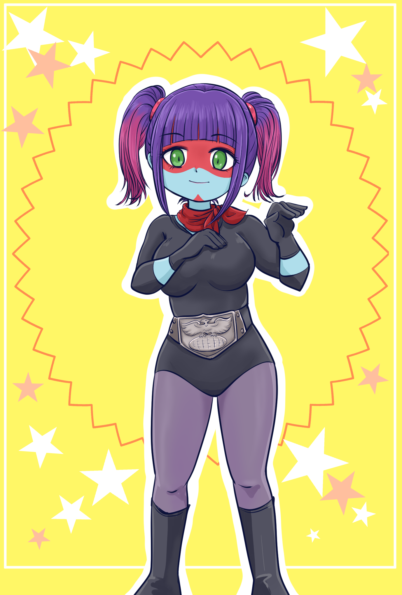 yukarisu, kamen rider, toujima tanzaburou wa kamen rider ni naritai, artist request, highres, 1girl, black gloves, black leotard, breasts, gloves, green eyes, leotard, long hair, looking at viewer, pantyhose, purple hair, shocker (kamen rider), smile, solo, standing, twintails, wide hips, yellow background