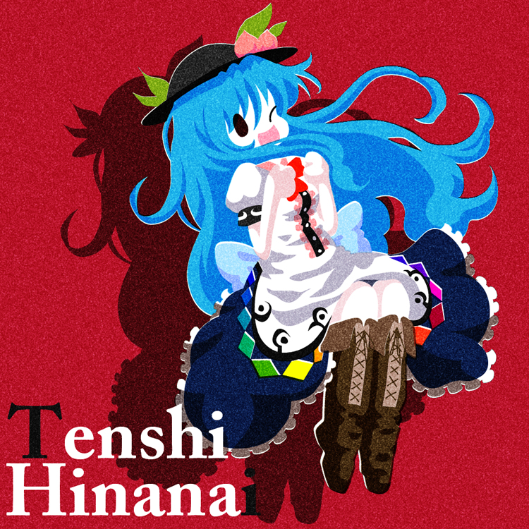 karaagetarou, hinanawi tenshi, touhou, 1girl, blue hair, bow, character name, female focus, food, fruit, hat, long hair, one eye closed, open mouth, peach, ribbon, solo, wink