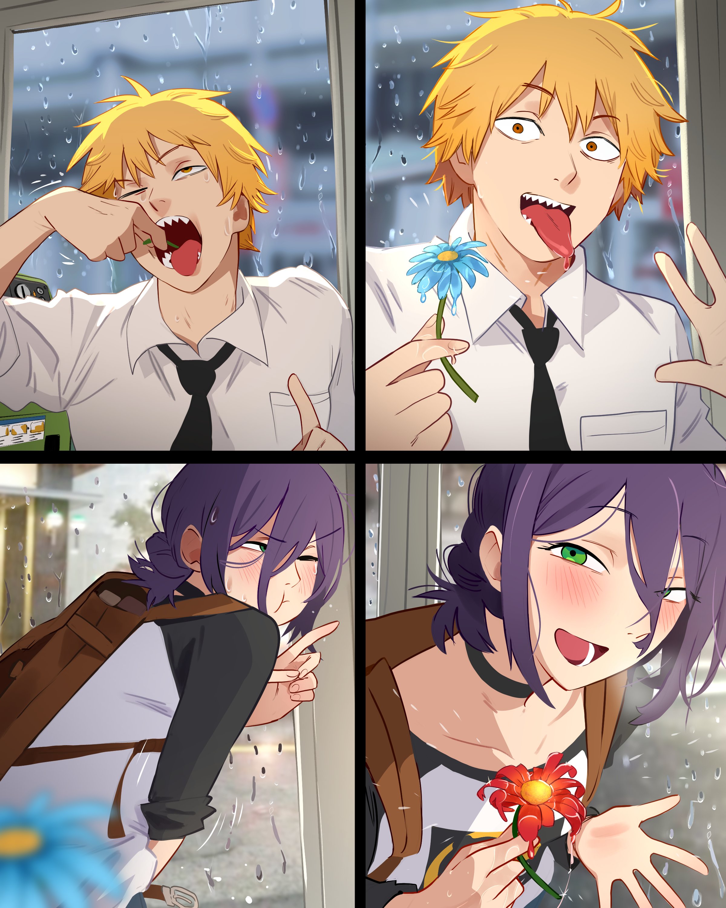khyle., denji (chainsaw man), reze (chainsaw man), chainsaw man, 1boy, 1girl, 4koma, backpack, bag, blonde hair, blood, blue flower, blurry, blurry background, blush, comic, flower, green eyes, one eye closed, open mouth, purple hair, rain, red flower, saliva, sharp teeth, smile, teeth, tongue, tongue out, window, yellow eyes