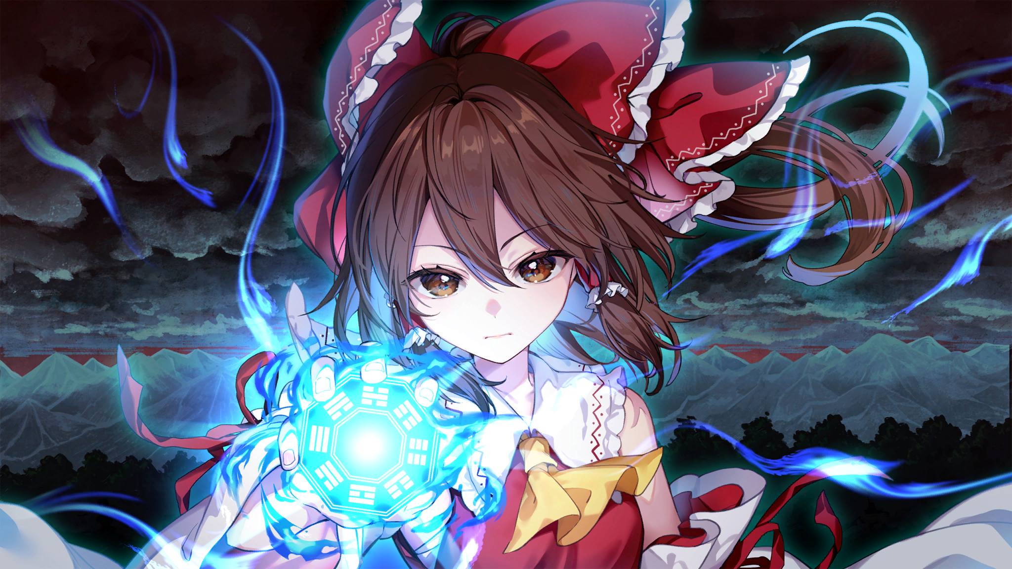 paragasu (parags112), hakurei reimu, touhou, game cg, highres, non-web source, official art, second-party source, 1girl, ascot, bow, brown eyes, brown hair, closed mouth, cloud, cloudy sky, detached sleeves, expressionless, frilled bow, frilled hair tubes, frills, hair bow, hair tubes, incoming attack, long hair, looking at viewer, marisa of liartop mountain, mini-hakkero, mountainous horizon, outdoors, red bow, sky, solo, yellow ascot