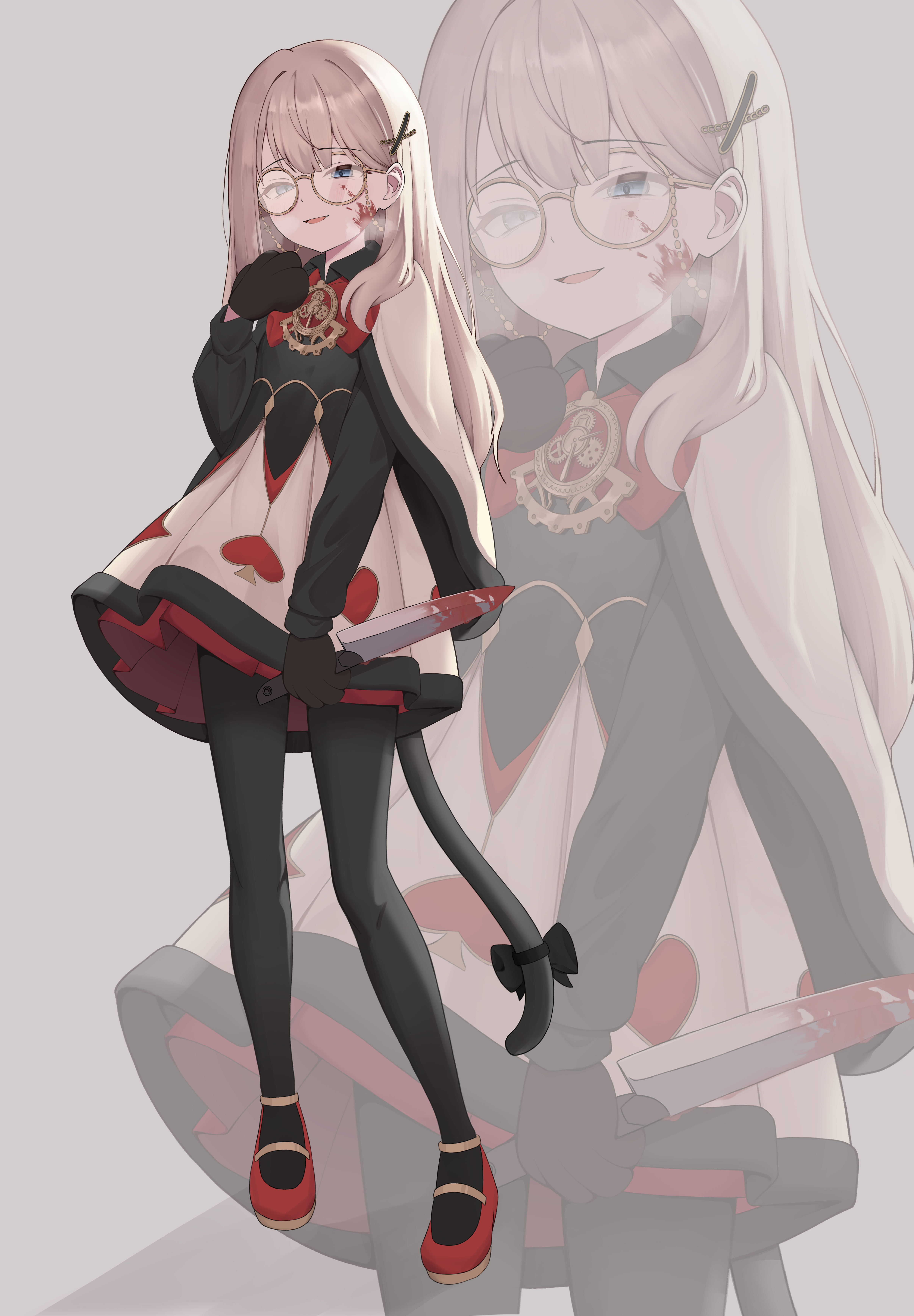 original, absurdres, commission, highres, 1girl, animal hands, black bow, black dress, black gloves, black pantyhose, black sleeves, black tail, blonde hair, blood, blood on face, bloody knife, blue eyes, bow, bowtie, brooch, capelet, cat tail, dress, evil smile, eyewear strap, full body, fur-trimmed capelet, fur-trimmed dress, fur trim, glasses, gloves, hair ornament, half-closed eyes, hand on own chest, hand up, heavy breathing, holding, holding knife, jewelry, knife, long hair, long sleeves, looking at viewer, multicolored dress, pantyhose, paw gloves, pingbird, playing card theme, pleated skirt, red bow, red bowtie, red shoes, red skirt, round eyewear, shai (black desert), shoes, skirt, smile, spade (shape), standing, tail, tail bow, tail ornament, wing collar, x hair ornament, yellow-framed eyewear, yellow capelet, yellow dress, zoom layer
