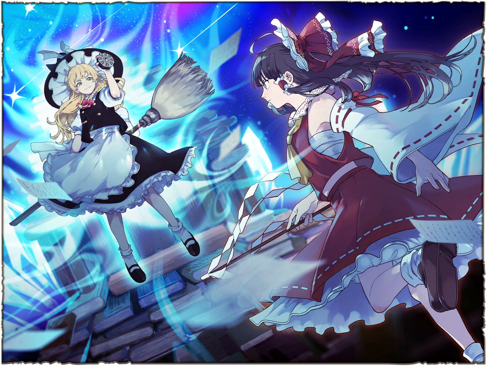 hakurei reimu, kirisame marisa, touhou, artist request, game cg, highres, non-web source, official art, second-party source, 2girls, apron, ascot, aura, black hat, black shoes, black skirt, black vest, blonde hair, book, bow, braid, broom, brown eyes, brown hair, brown shoes, chest sarashi, closed mouth, detached sleeves, falling paper, frilled bow, frilled hair tubes, frilled skirt, frills, gohei, hair bow, hair tubes, hat, hat bow, holding, holding broom, holding gohei, leg up, loafers, long hair, marisa of liartop mountain, mary janes, mini-hakkero, multiple girls, pages, red bow, red skirt, ribbon-trimmed skirt, ribbon-trimmed sleeves, ribbon trim, sarashi, shoes, side braid, single braid, skirt, skirt set, smile, socks, vest, waist apron, white bow, white socks, witch hat, yellow ascot, yellow eyes