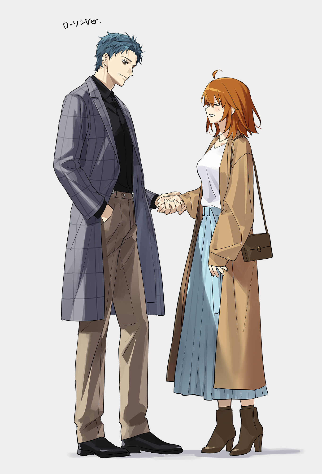 shippaiderman, fujimaru ritsuka (female), saitou hajime (fate), fate/grand order, fate (series), highres, 1boy, 1girl, alternate costume, bag, black shirt, black shoes, blue hair, blue skirt, blush, boots, brown bag, brown coat, brown eyes, brown pants, brown shoes, checkered coat, closed eyes, closed mouth, coat, collared shirt, facing another, from side, full body, hand in pocket, handbag, high heel boots, high heels, holding hands, jewelry, lapels, light smile, long sleeves, looking at another, looking down, medium hair, necklace, notched lapels, open mouth, pants, pleated skirt, shadow, shirt, shoes, short hair, skirt, smile, white shirt