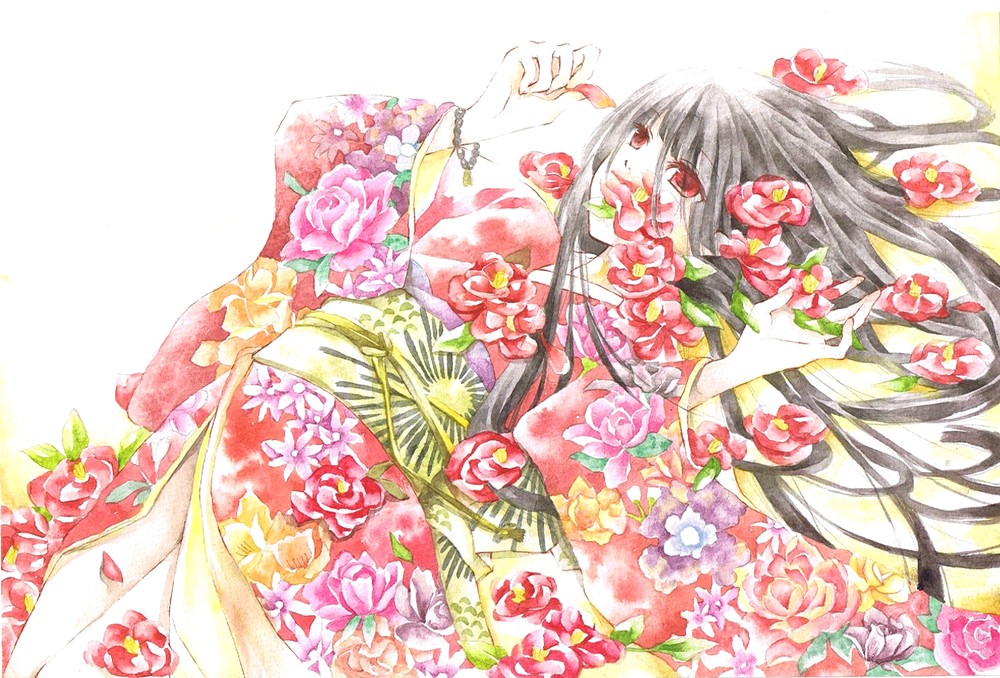 yami (silent), enma ai, jigoku shoujo, traditional media, 00s, 1girl, black hair, blunt bangs, bracelet, camellia, female focus, floral print, flower, hime cut, japanese clothes, jewelry, kimono, long hair, lying, red eyes, rose, solo
