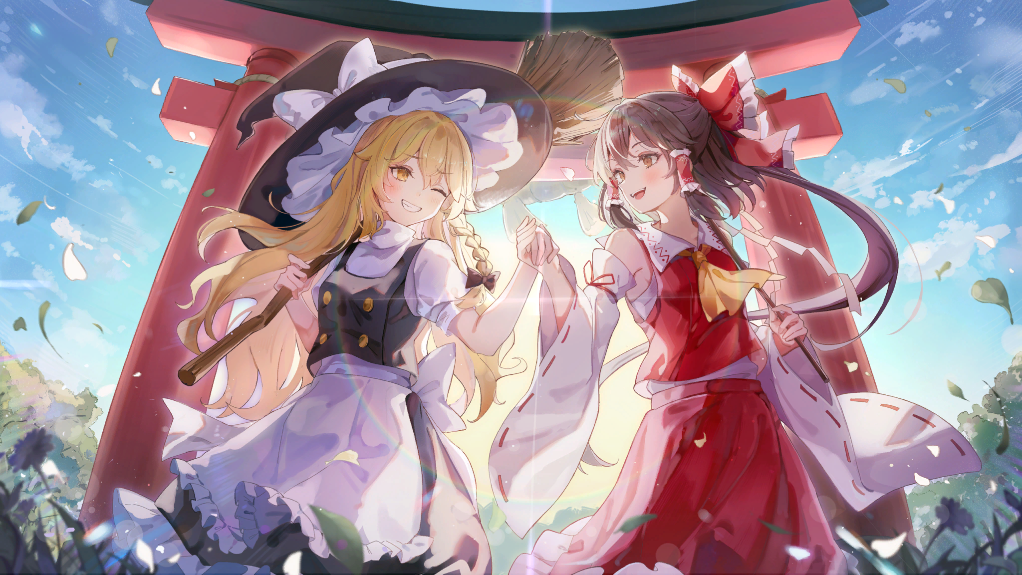 hakurei reimu, kirisame marisa, touhou, artist request, game cg, highres, non-web source, official art, second-party source, 2girls, apron, ascot, black bow, black hat, black skirt, black vest, blonde hair, blue sky, blush, bow, braid, broom, brown eyes, brown hair, cloud, day, detached sleeves, falling leaves, frilled bow, frilled hair tubes, frilled skirt, frills, gohei, grin, hair bow, hair tubes, hat, hat bow, holding, holding broom, holding gohei, holding hands, leaf, long hair, marisa of liartop mountain, multiple girls, one eye closed, open mouth, outdoors, red bow, red skirt, ribbon-trimmed sleeves, ribbon trim, side braid, single braid, skirt, skirt set, sky, smile, torii, vest, waist apron, white bow, witch hat, yellow ascot, yellow eyes