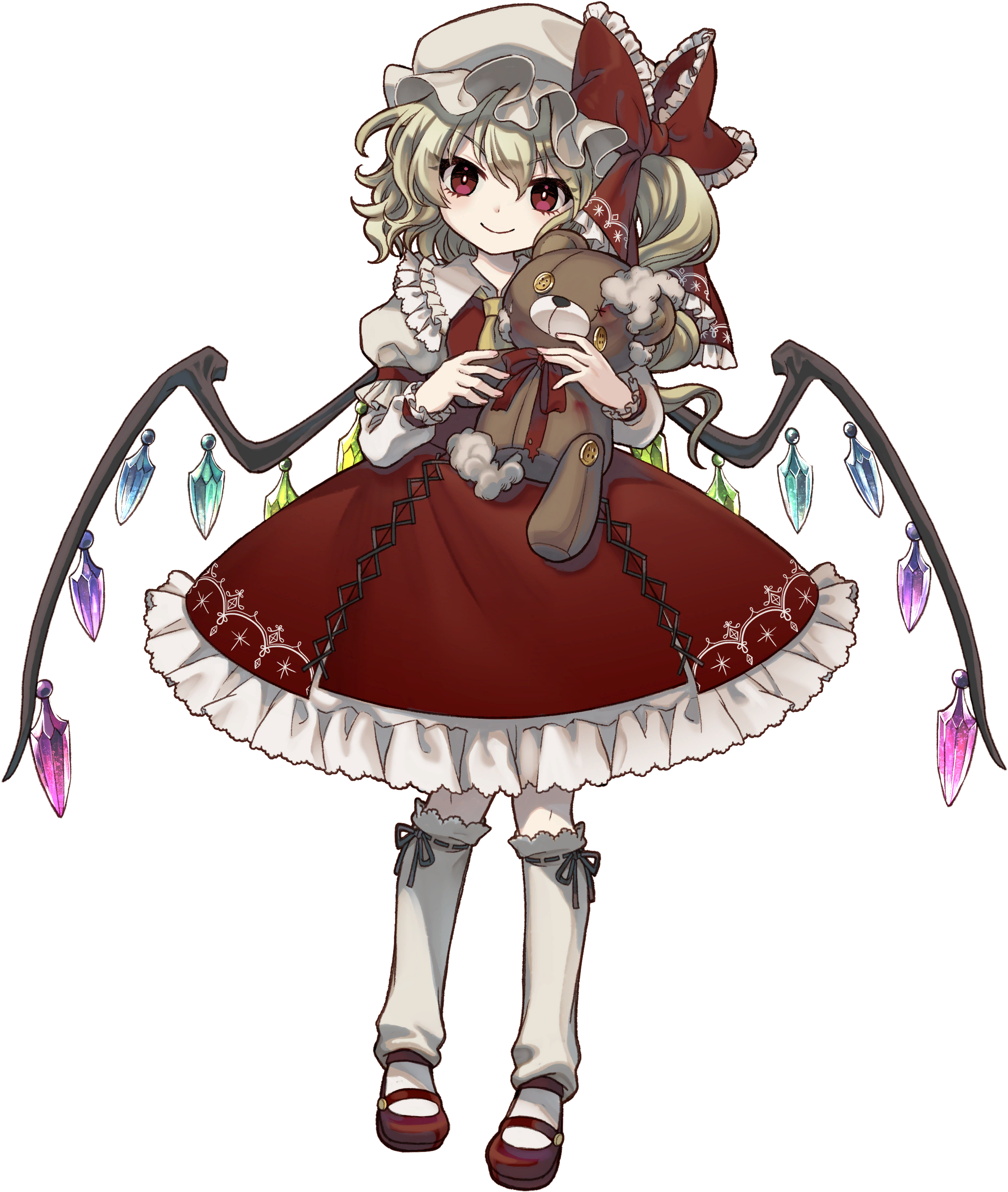 socha, flandre scarlet, touhou, absurdres, game cg, highres, non-web source, official art, second-party source, 1girl, ascot, blonde hair, bow, closed mouth, cross-laced clothes, cross-laced skirt, crystal, crystal wings, embellished costume, frilled shirt collar, frilled skirt, frills, full body, hat, hat bow, leg warmers, long hair, long sleeves, looking at viewer, marisa of liartop mountain, mary janes, mob cap, multicolored wings, one side up, red bow, red eyes, red shoes, red skirt, red vest, shirt, shoes, skirt, skirt set, smile, socks, solo, stuffed animal, stuffed toy, stuffing, teddy bear, transparent background, vest, white hat, white leg warmers, white shirt, white socks, wings, yellow ascot
