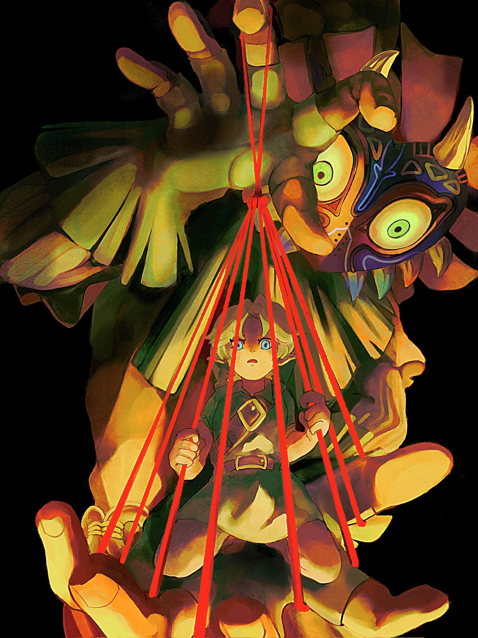 nasagina, link, majora (entity), skull kid, young link, nintendo, the legend of zelda, the legend of zelda: majora's mask, highres, 2boys, arm up, belt, belt buckle, black background, blonde hair, blue eyes, brown belt, buckle, fingerless gloves, gloves, green tunic, kneeling, male focus, mask, multiple boys, open mouth, parted hair, simple background, tunic