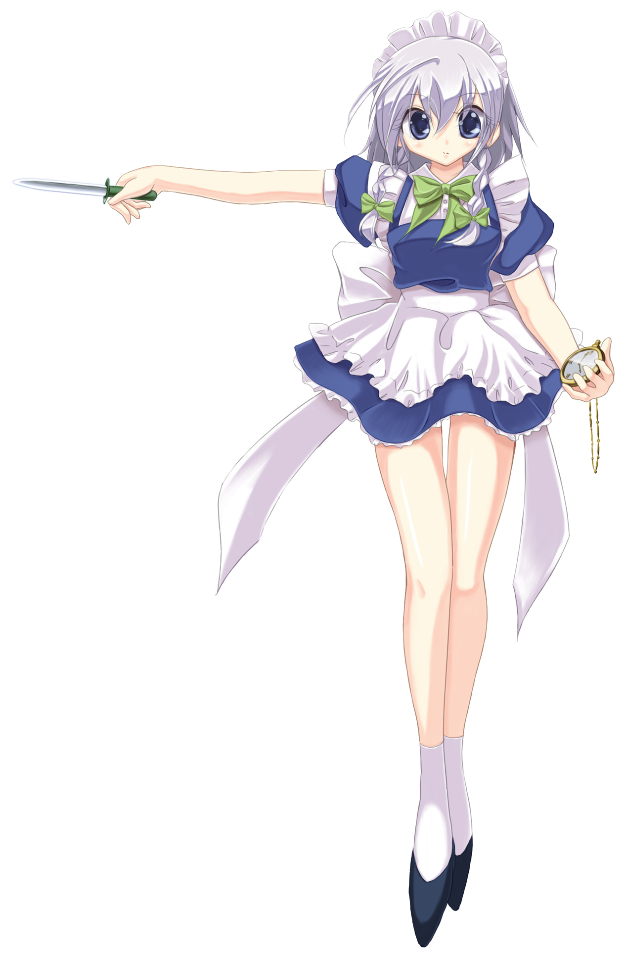 popi (pixiv), shun (minihouse), vi (ena0930), izayoi sakuya, touhou, silver hair, bad id, bad pixiv id, colorized, highres, 1girl, clock, female focus, hairband, knife, legs, maid, outstretched arm, pocket watch, ribbon, simple background, solo, watch