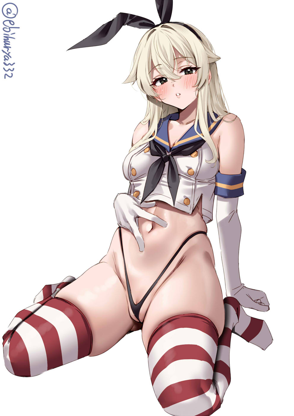 ebifurya, shimakaze (kancolle), kantai collection, commentary request, highres, 1girl, black hairband, black neckerchief, black panties, blonde hair, blue sailor collar, breasts, buttons, cropped shirt, double-breasted, elbow gloves, gloves, grey eyes, hair between eyes, hairband, hand on own stomach, highleg, highleg panties, long hair, looking at viewer, navel, neckerchief, one-hour drawing challenge, panties, parted lips, partially visible vulva, pussy, pussy peek, sailor collar, shirt, sitting, small breasts, solo, spread navel, striped clothes, striped thighhighs, thighhighs, thighs, thong, twitter username, underwear, wariza, white background, white gloves, white shirt