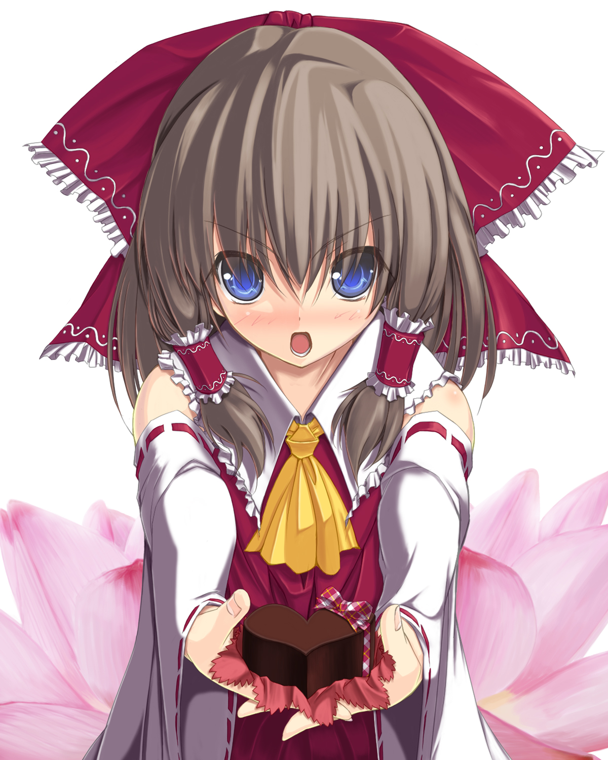 kyougoku touya, popi (pixiv), vi (ena0930), hakurei reimu, touhou, bad id, bad pixiv id, colorized, highres, 1girl, blue eyes, blush, brown hair, candy, chocolate, chocolate heart, female focus, food, heart, japanese clothes, miko, ribbon, solo, valentine