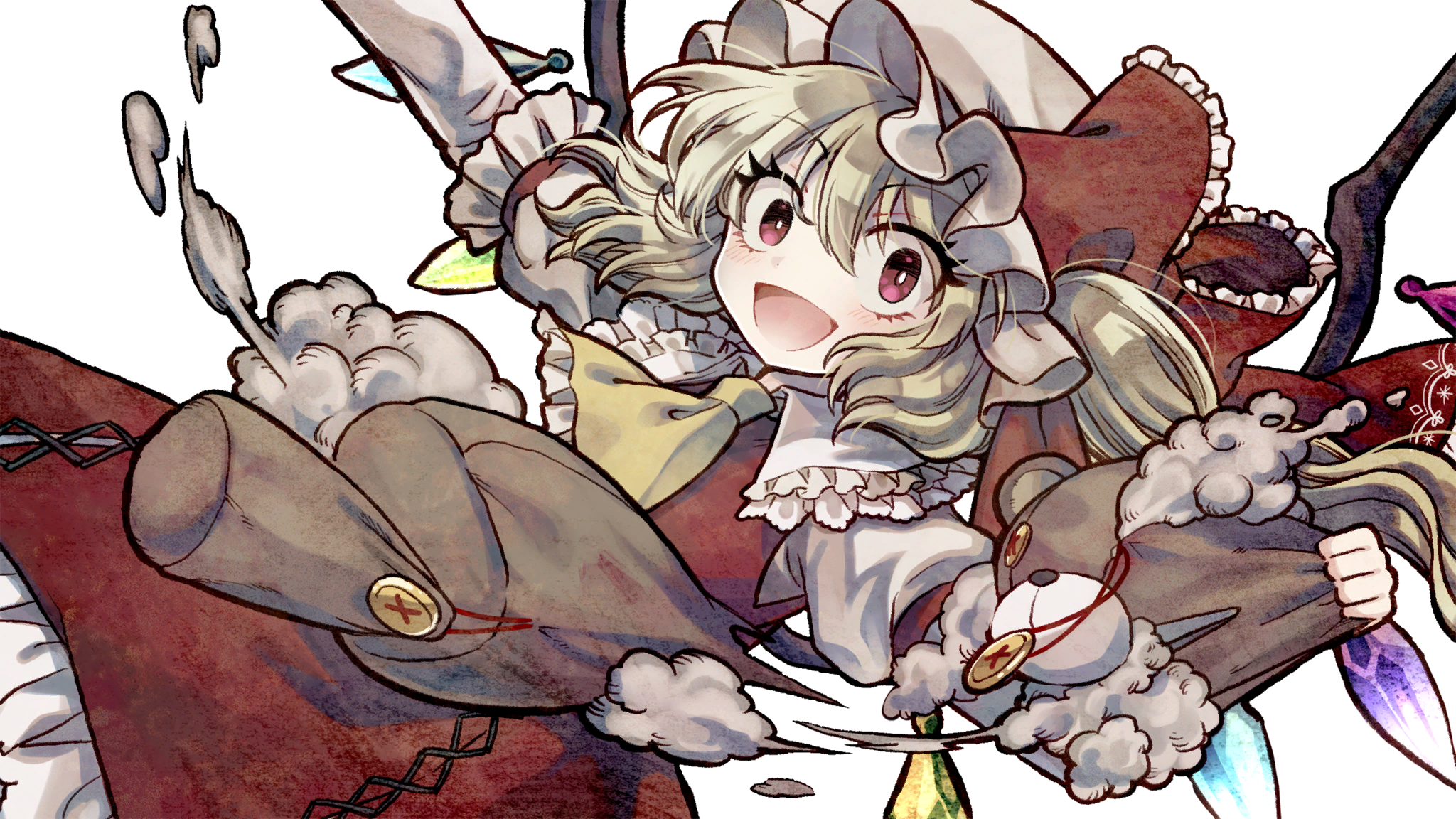 socha, flandre scarlet, touhou, game cg, highres, non-web source, official art, second-party source, 1girl, ascot, blonde hair, collared shirt, cross-laced clothes, cross-laced skirt, crystal, crystal wings, embellished costume, frilled shirt collar, frills, hat, holding detached head, long sleeves, looking at viewer, marisa of liartop mountain, mob cap, multicolored wings, one side up, open mouth, red eyes, red skirt, red vest, shirt, skirt, skirt set, smile, solo, stuffed animal, stuffed toy, stuffing, teddy bear, transparent background, vest, white hat, wings, yellow ascot