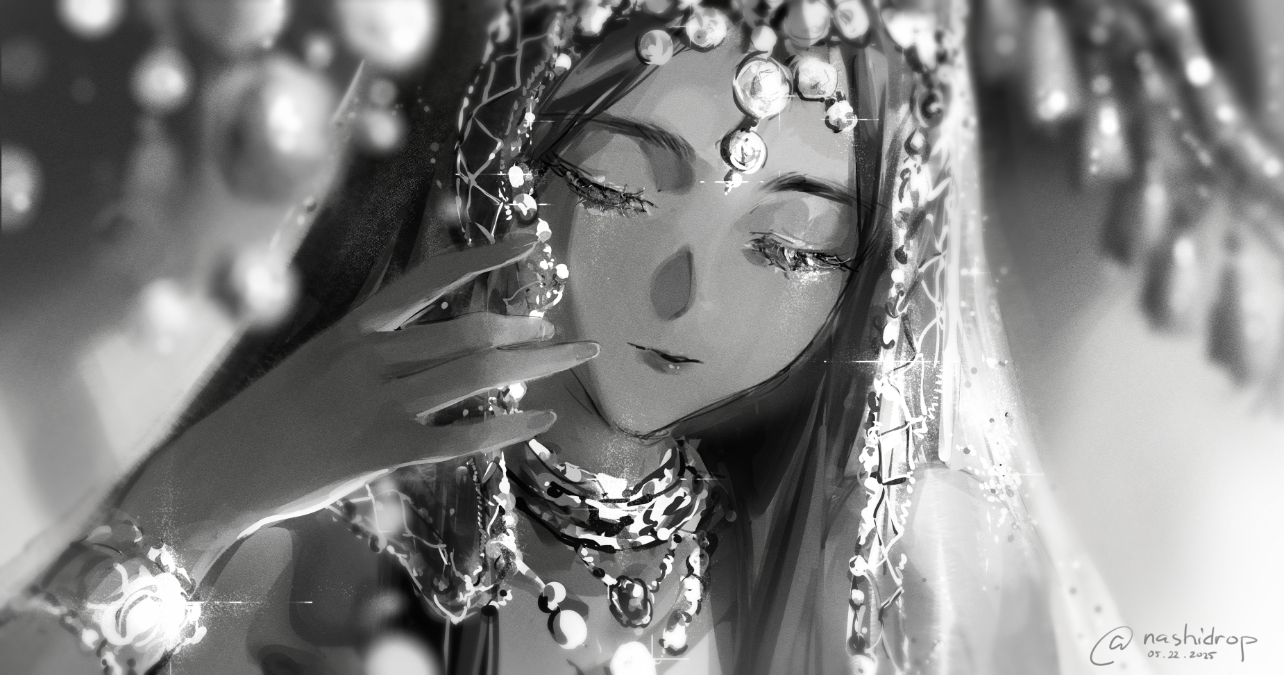 nashidrop, demi (nashidrop), original, highres, 1girl, artist name, blurry, closed eyes, depth of field, greyscale, hand up, jewelry, long hair, monochrome, necklace, parted lips, portrait, solo