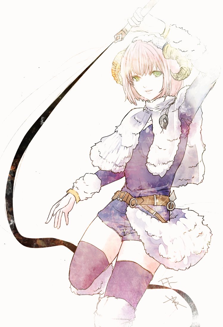 ruka (blueplus84), beastmaster (final fantasy), lenna charlotte tycoon, final fantasy, final fantasy v, 1girl, belt, blue jumpsuit, blue thighhighs, brown belt, closed mouth, fake horns, green eyes, holding, holding whip, horns, jumpsuit, leg up, pink hair, sheep horns, short hair, short jumpsuit, simple background, smile, solo, thighhighs, white background