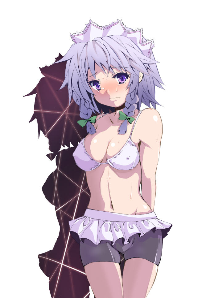 atsumi haru, izayoi sakuya, touhou, 1girl, bike shorts, bikini, bikini top only, blush, braid, breasts, covered erect nipples, female focus, hairband, navel, ribbon, solo, swimsuit, tears, twin braids