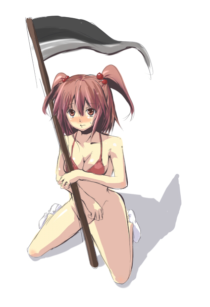 atsumi haru, onozuka komachi, touhou, 1girl, bikini, bikini top only, blush, bottomless, female focus, hair bobbles, hair ornament, kneeling, pink hair, red bikini, red eyes, red hair, scythe, simple background, socks, solo, swimsuit, twintails, two side up