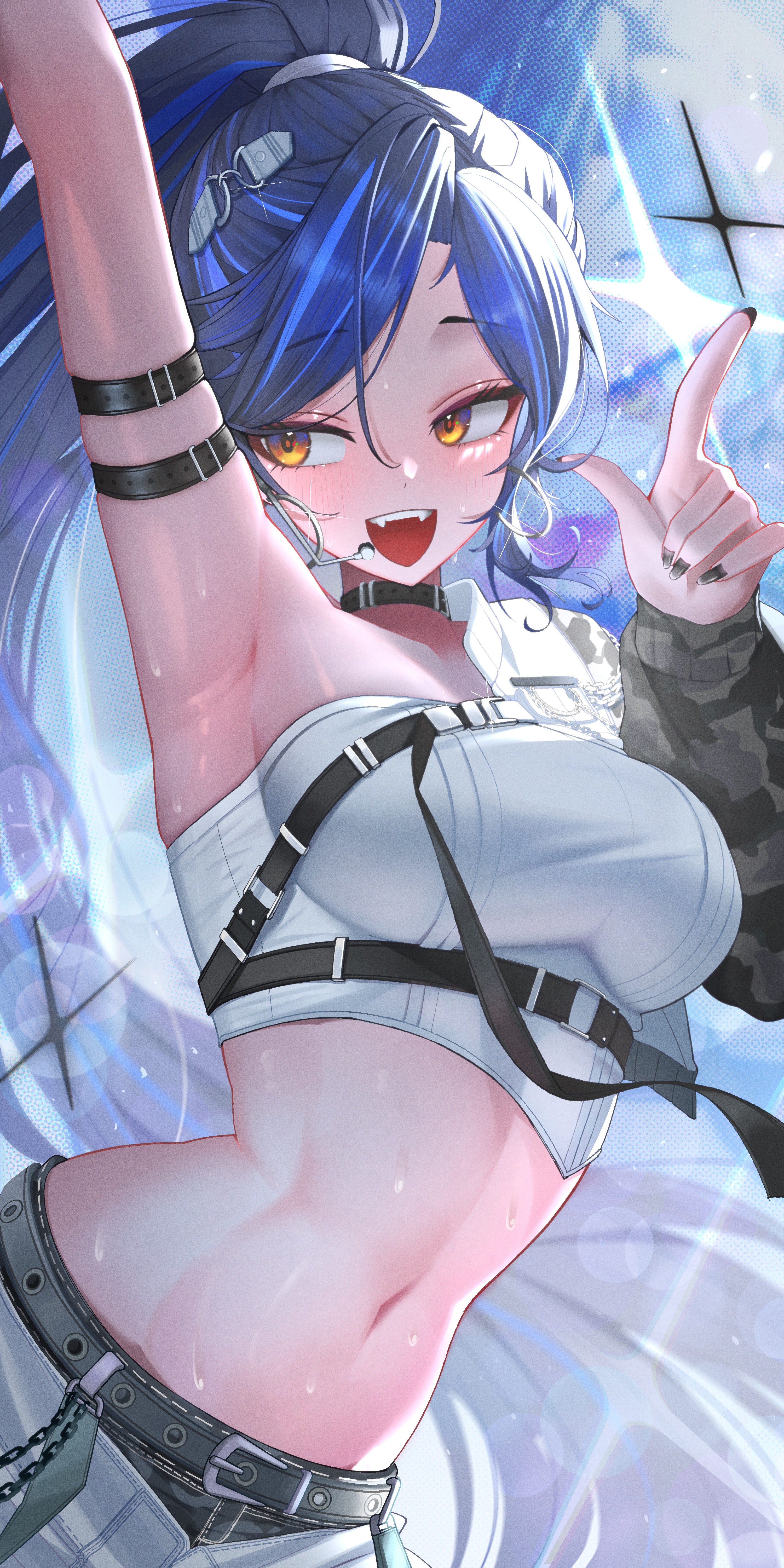 shin dohan, lilpa, waktaverse, absurdres, commentary, highres, 1girl, arm belt, arm up, armpits, belt, belt buckle, belt collar, black belt, black nails, blue hair, blue streaks, blush, breasts, buckle, camouflage sleeves, chest harness, collar, crop top, dutch angle, earrings, fangs, fingernails, glint, hair ornament, half-jacket, hand up, harness, high ponytail, hoop earrings, index finger raised, jewelry, lens flare, light particles, light smile, long fingernails, long hair, looking to the side, medium breasts, microphone, midriff, multicolored hair, nail polish, navel, open mouth, orange eyes, parted bangs, ponytail, screen, shorts, silver earrings, single bare shoulder, single sleeve, solo, stage, star (symbol), streaked hair, sweat, swept bangs, teeth, upper teeth only, very long hair, virtual youtuber, white shorts, zoom layer