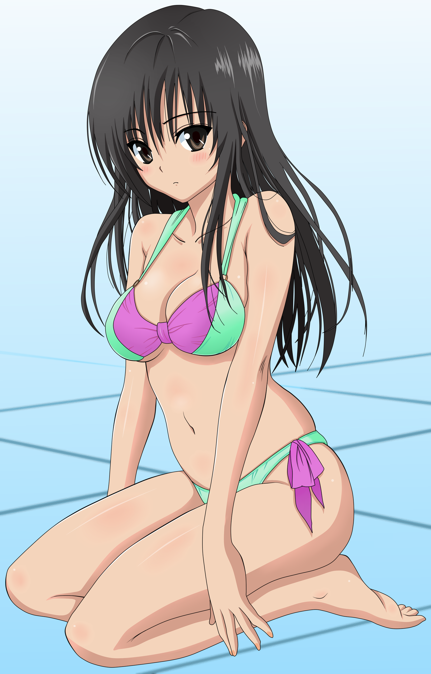 kotegawa yui, to love-ru, absurdres, derivative work, highres, vector trace, 00s, 1girl, bikini, black hair, blush, breasts, brown eyes, cleavage, female focus, solo, swimsuit