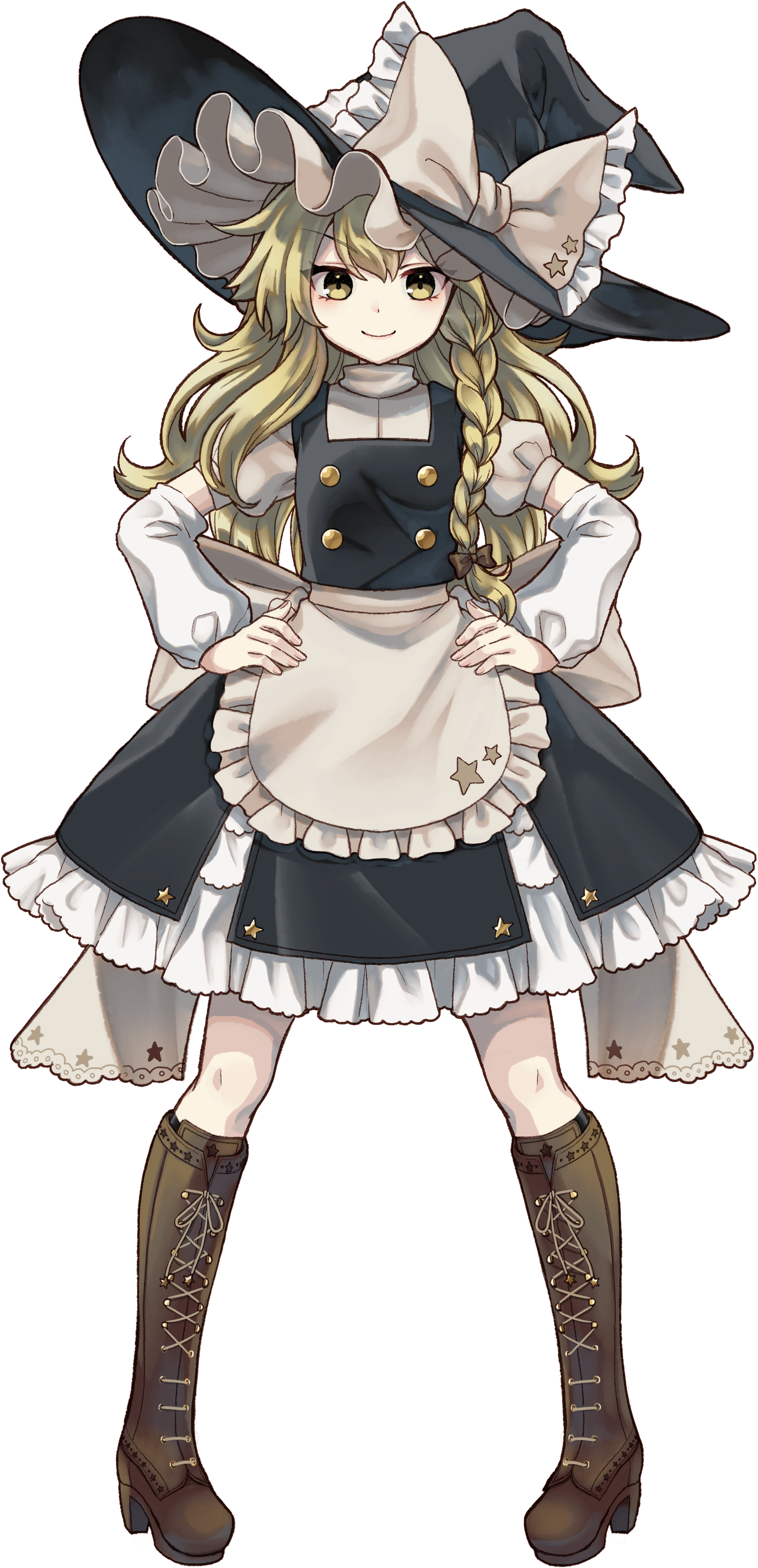 socha, kirisame marisa, touhou, absurdres, game cg, highres, non-web source, official art, second-party source, 1girl, apron, back bow, black hat, black skirt, black vest, blonde hair, boots, bow, braid, broom, brown boots, brown bow, closed mouth, frilled skirt, frills, full body, hair bow, hands on own hips, hat, hat bow, knee boots, lace-up boots, long hair, long sleeves, looking at viewer, marisa of liartop mountain, print apron, side braid, single braid, skirt, smile, solo, star (symbol), star print, transparent background, very long hair, vest, waist apron, white apron, white bow, witch hat, yellow eyes
