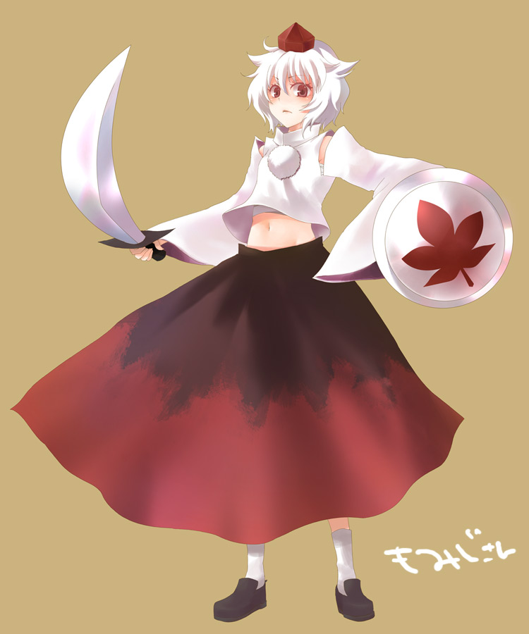 nazuna akaru, inubashiri momiji, touhou, 1girl, animal ears, character name, detached sleeves, female focus, hat, midriff, sarashi, short hair, solo, sword, tokin hat, weapon, wolf ears