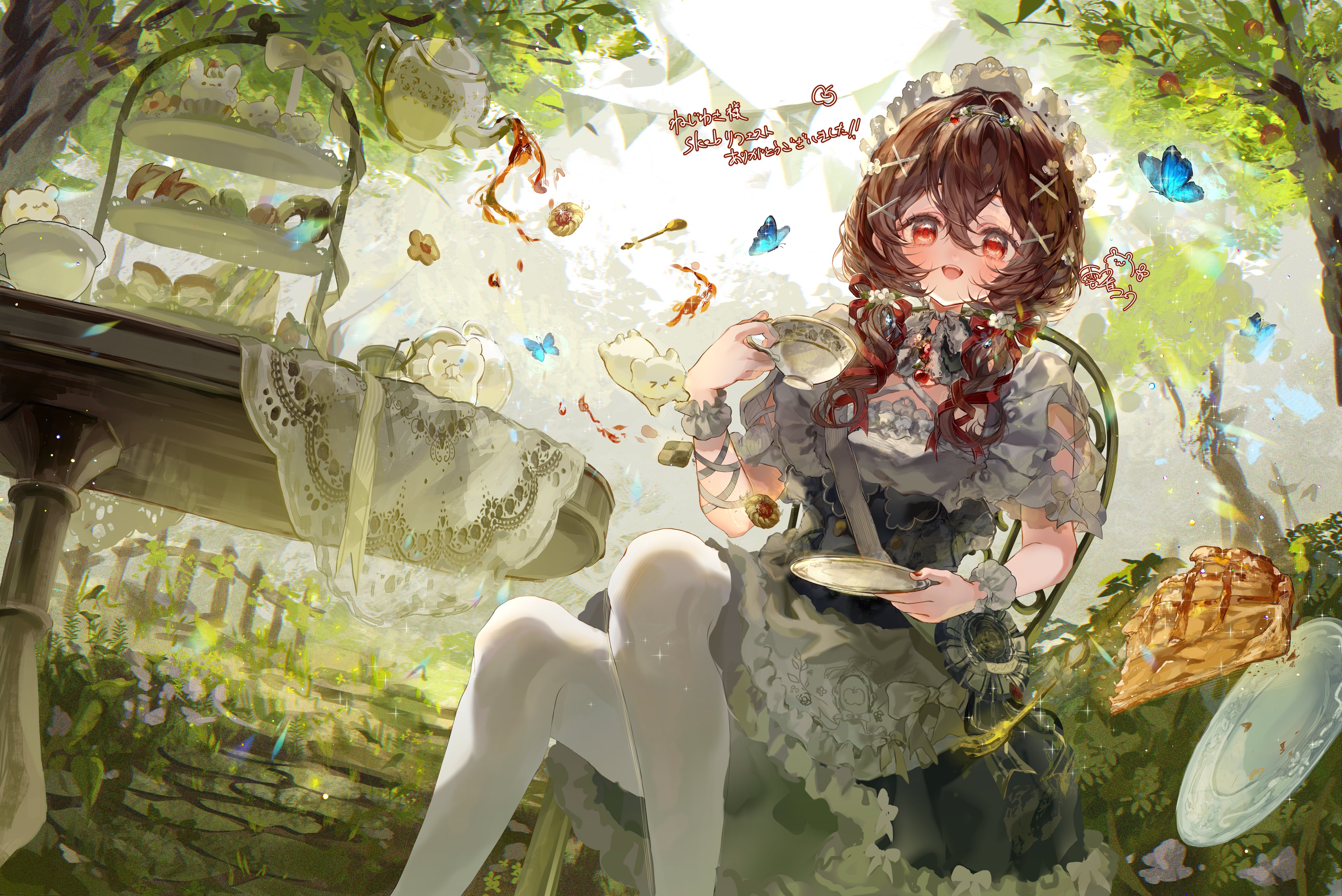 hibari yuu, original, absurdres, commission, highres, skeb commission, 1girl, apple pie, blue butterfly, brown hair, bug, butterfly, corset, cup, dessert, dress, floating, floating object, food, forest, hair ornament, hair ribbon, headdress, holding, holding cup, insect, long hair, looking at viewer, nature, open mouth, outdoors, pie, red eyes, red ribbon, ribbon, short sleeves, short twintails, solo, spoon, table, tea, teacup, teapot, thighhighs, tiered tray, tree, twintails, white dress, white headdress, white thighhighs, x hair ornament