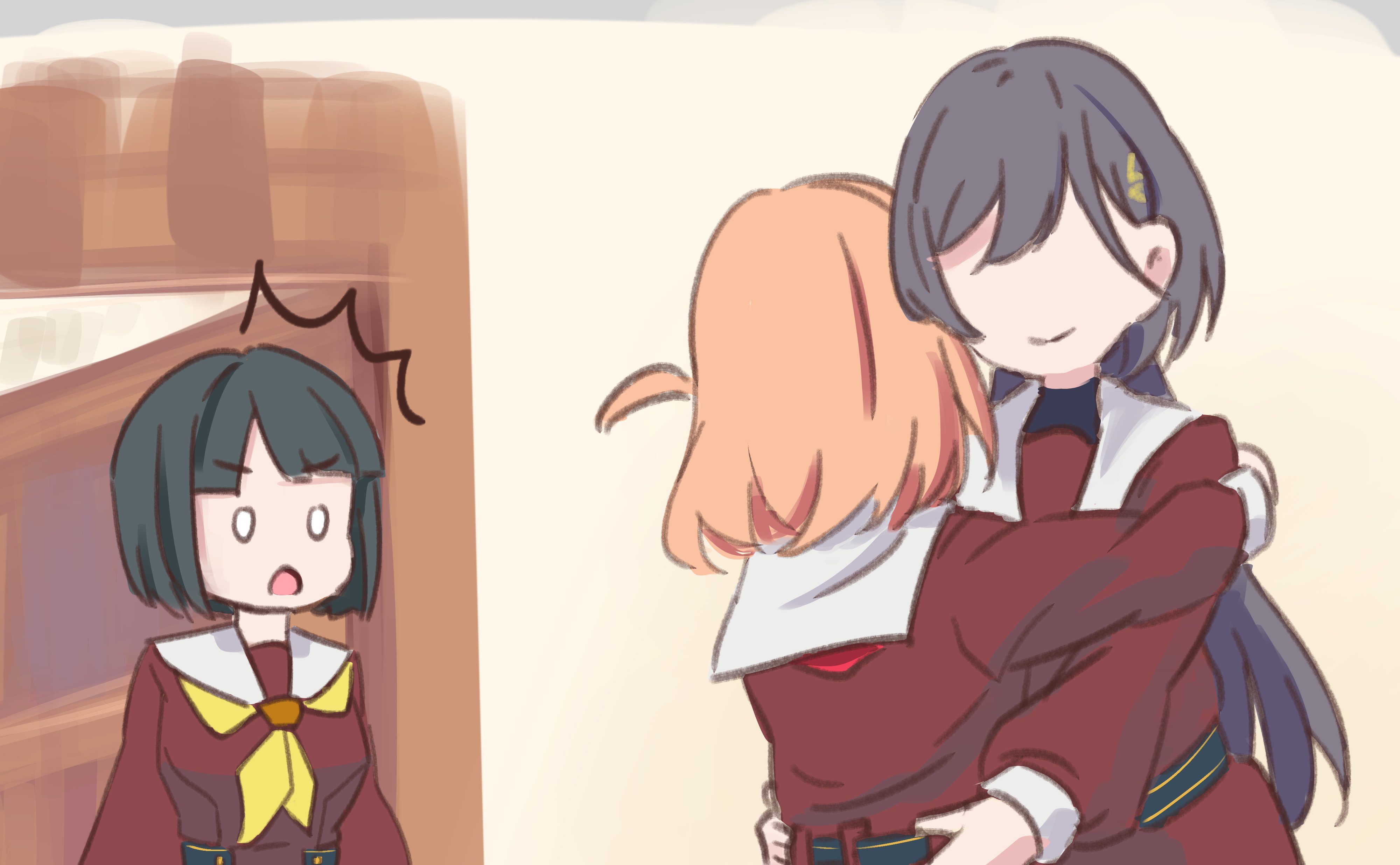 tamako (panann9), hinoshita kaho, katsuragi izumi, momose ginko, link! like! love live!, love live!, absurdres, commentary request, highres, 0 0, 3girls, ^^^, black hair, blunt bangs, blunt ends, bob cut, breasts, brown dress, closed mouth, d:, dress, hasu no sora school uniform, hug, jellyfish cut, long hair, long sleeves, looking at another, medium breasts, medium hair, multiple girls, neckerchief, no eyes, open mouth, orange hair, red neckerchief, sailor collar, sailor dress, school uniform, short hair, smile, two side up, virtual youtuber, white sailor collar, winter uniform, yellow neckerchief