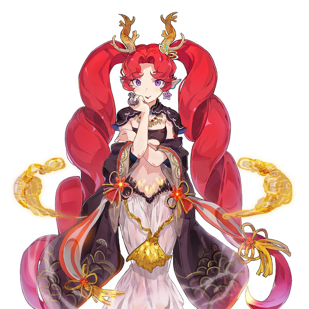 otohime (uchihime), uchi no hime-sama ga ichiban kawaii, 1girl, antlers, breasts, dress, horns, long hair, navel, pointy ears, purple eyes, red hair, twintails, very long hair
