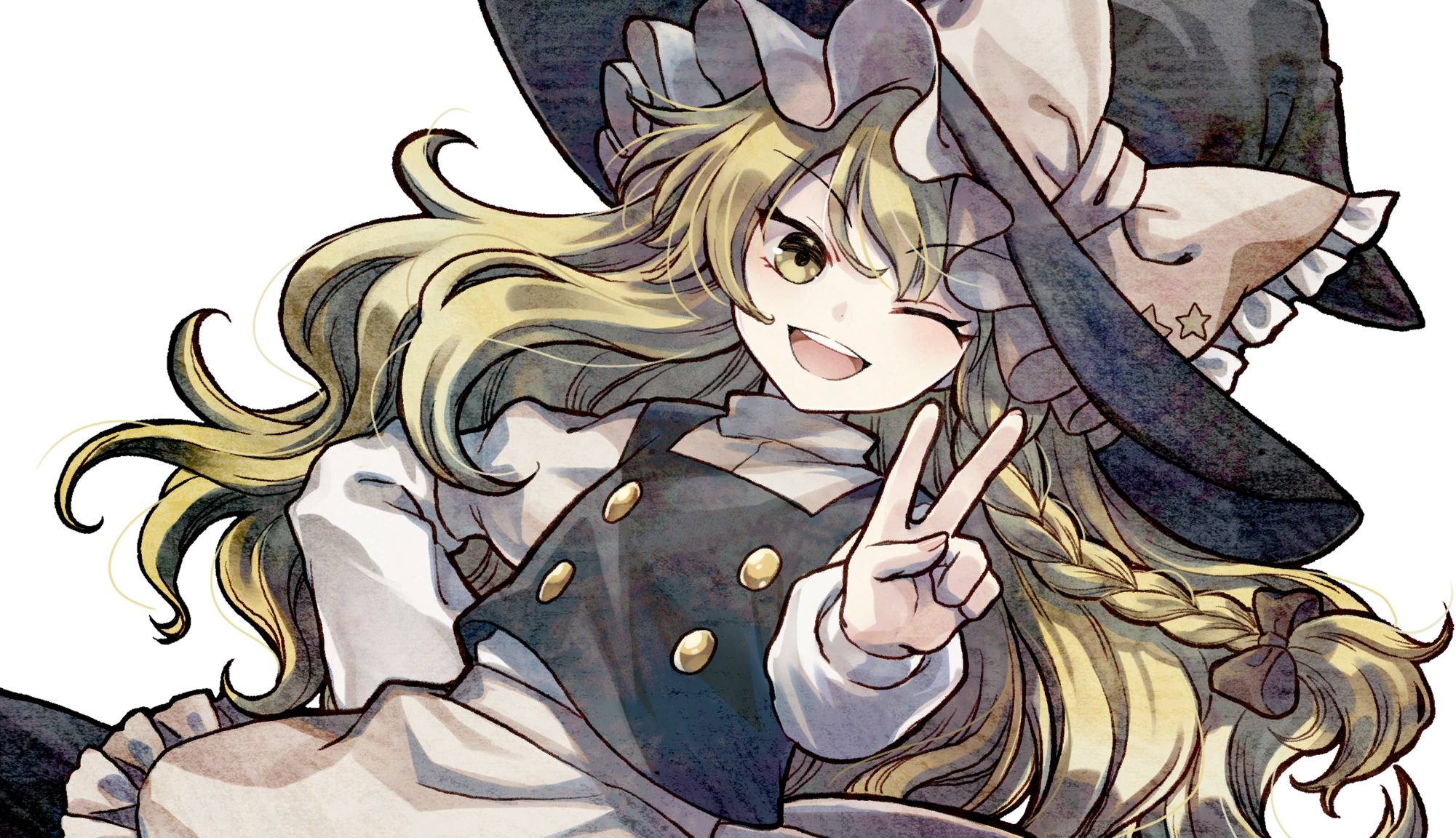 socha, kirisame marisa, touhou, game cg, highres, non-web source, official art, second-party source, 1girl, apron, black hat, black skirt, black vest, blonde hair, bow, braid, hair bow, hat, hat bow, long hair, long sleeves, looking at viewer, marisa of liartop mountain, one eye closed, open mouth, side braid, single braid, skirt, smile, solo, transparent background, v, very long hair, vest, waist apron, white apron, witch hat