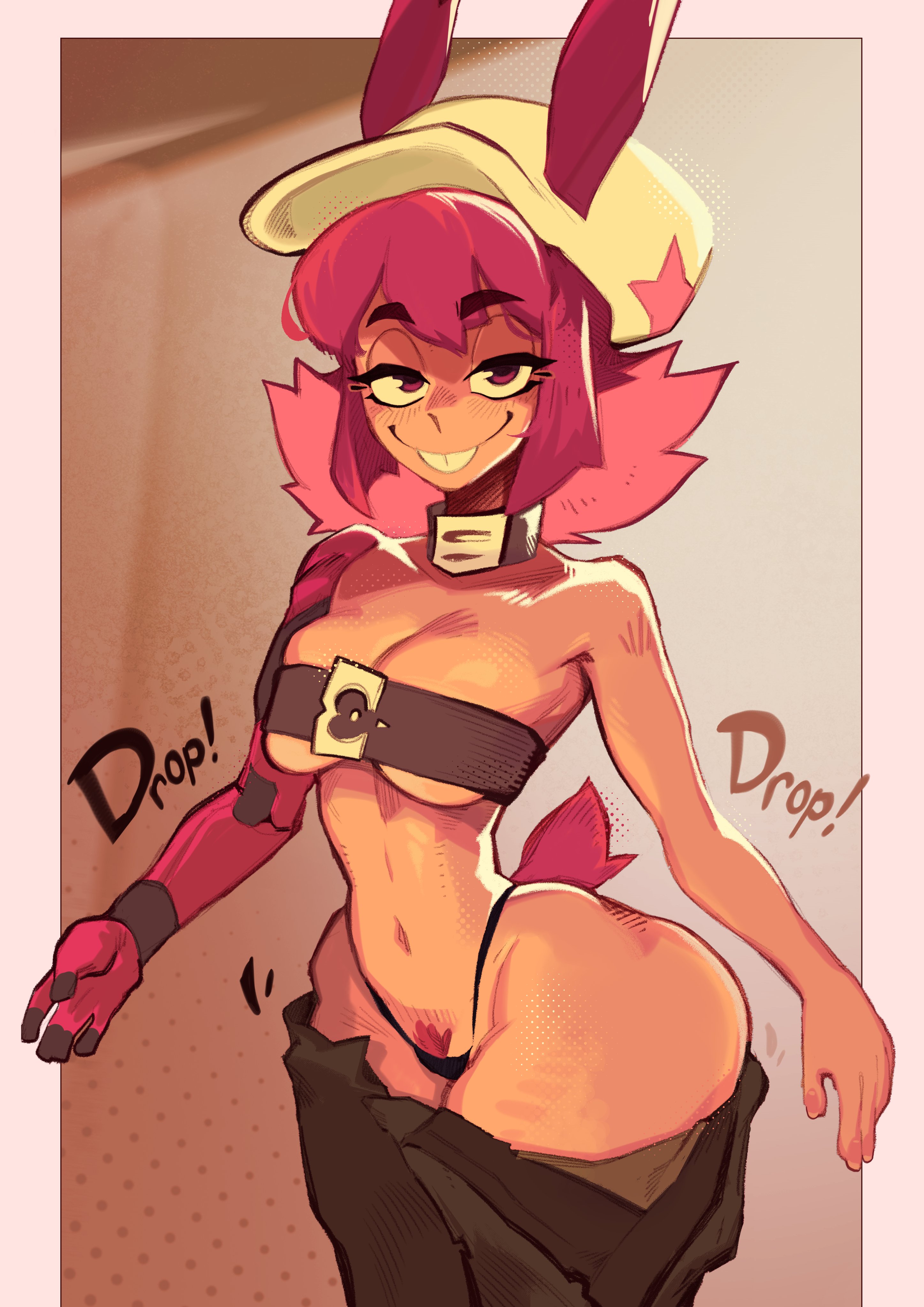 zephyrgales, cherry (zephyr gales), original, 1girl, animal ears, bare shoulders, belt, belt over clothes, blush, breasts, brown background, clothes pull, curvy, fangs, gradient background, grey background, hat, large breasts, mechanical arms, navel, pants, pants pull, pink eyes, pink hair, polka dot, polka dot background, pubic hair, rabbit ears, rabbit tail, single mechanical arm, smile, tail, thighs, torn clothes